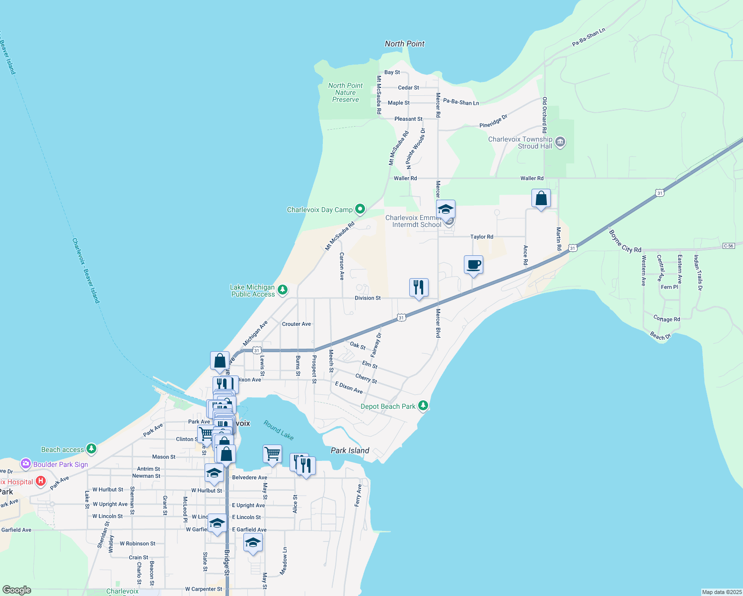map of restaurants, bars, coffee shops, grocery stores, and more near 13513 Division St in Charlevoix