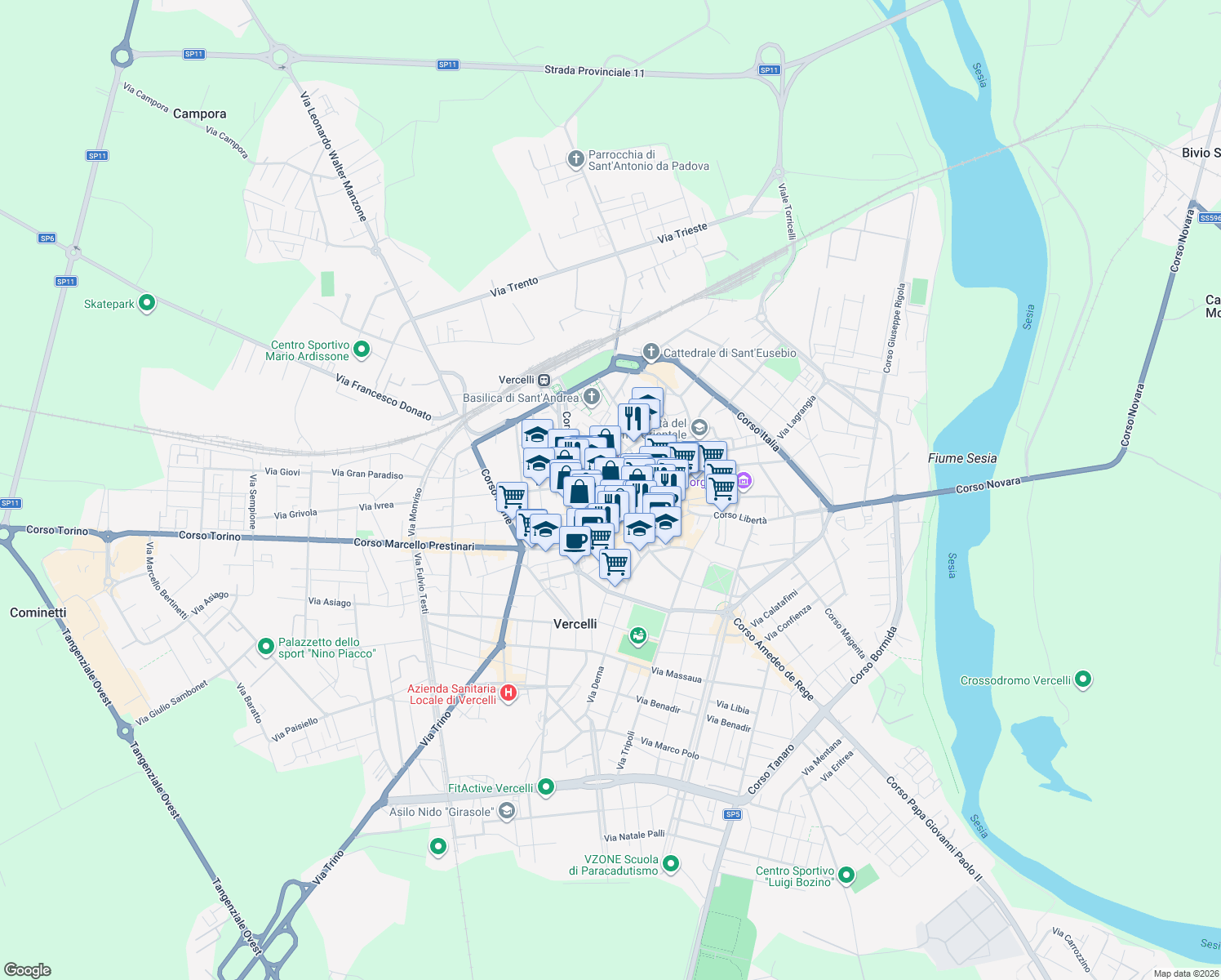 map of restaurants, bars, coffee shops, grocery stores, and more near 61 Via Dante Alighieri in Vercelli