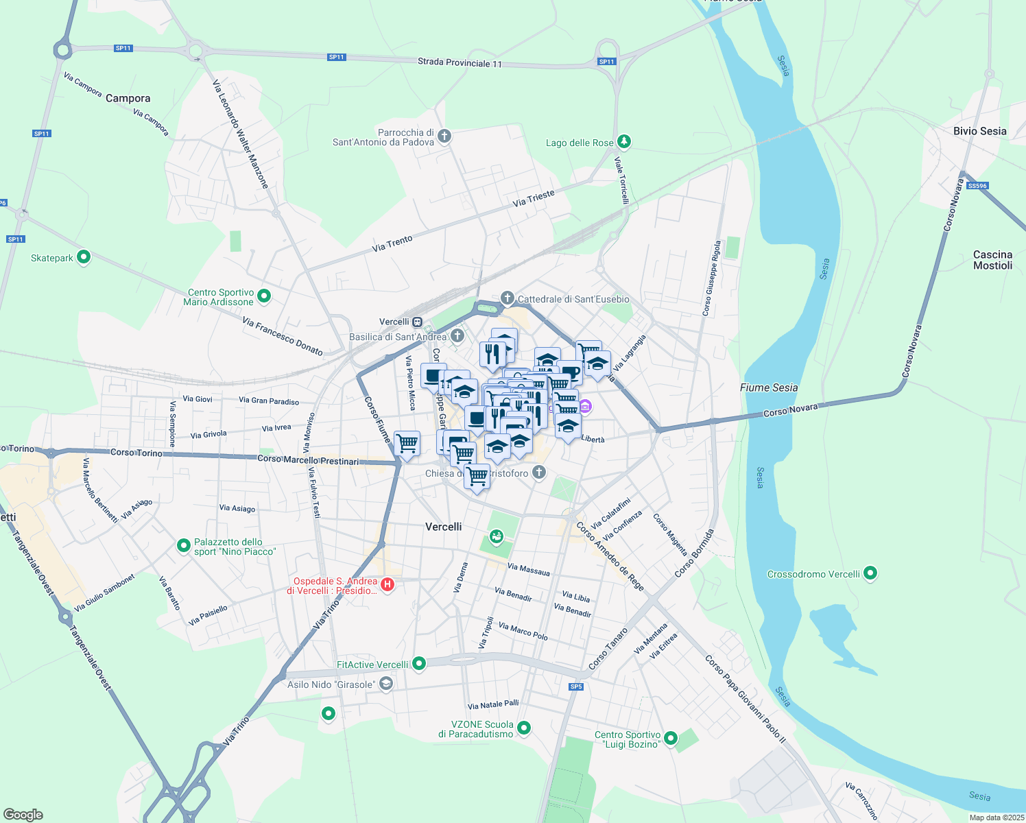 map of restaurants, bars, coffee shops, grocery stores, and more near 16 Via E. Bava in Vercelli