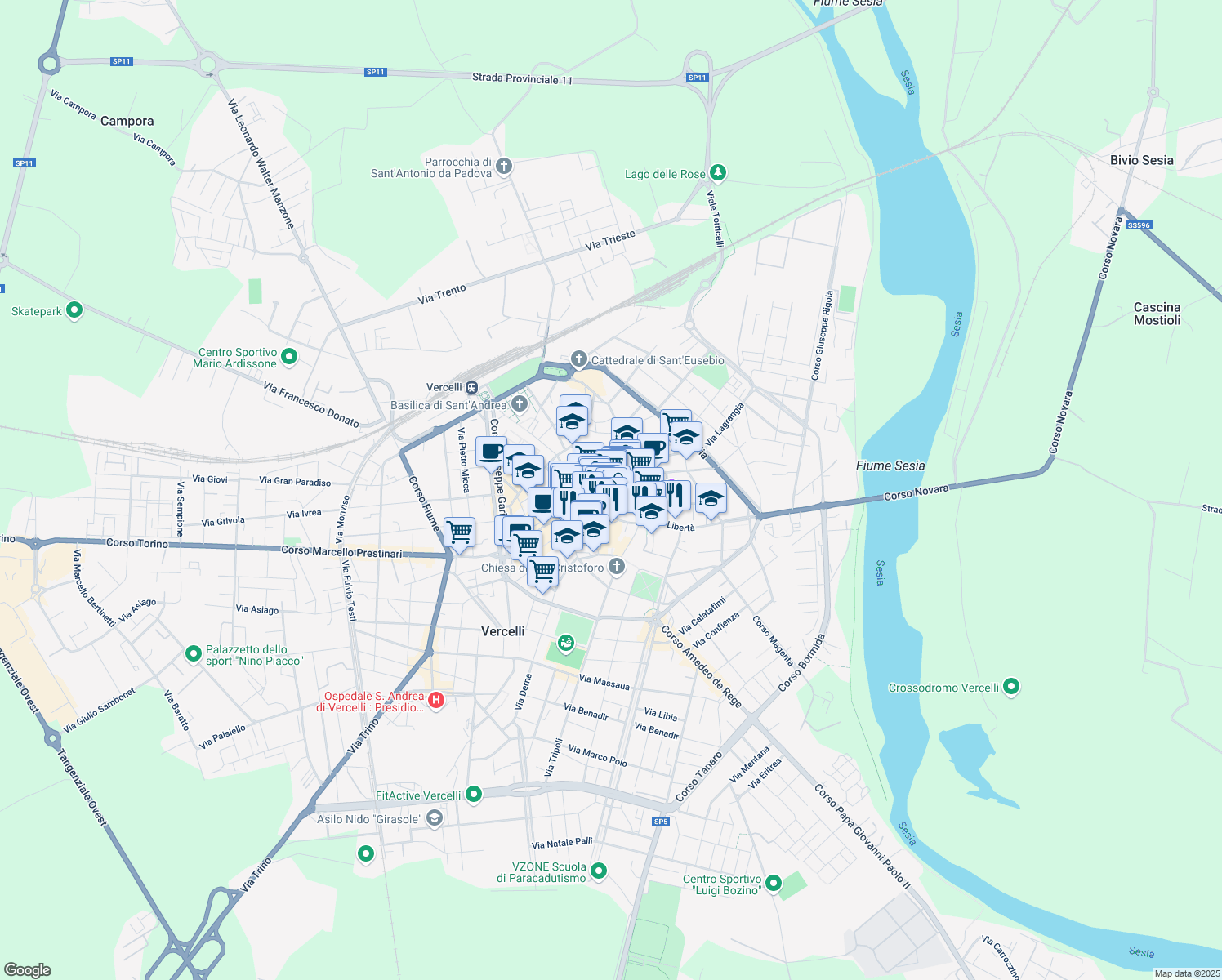 map of restaurants, bars, coffee shops, grocery stores, and more near 11 Via Vincenzo Gioberti in Vercelli