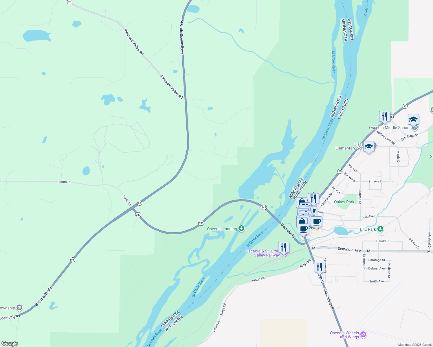 map of restaurants, bars, coffee shops, grocery stores, and more near 26109 Saint Croix Trail North in Shafer