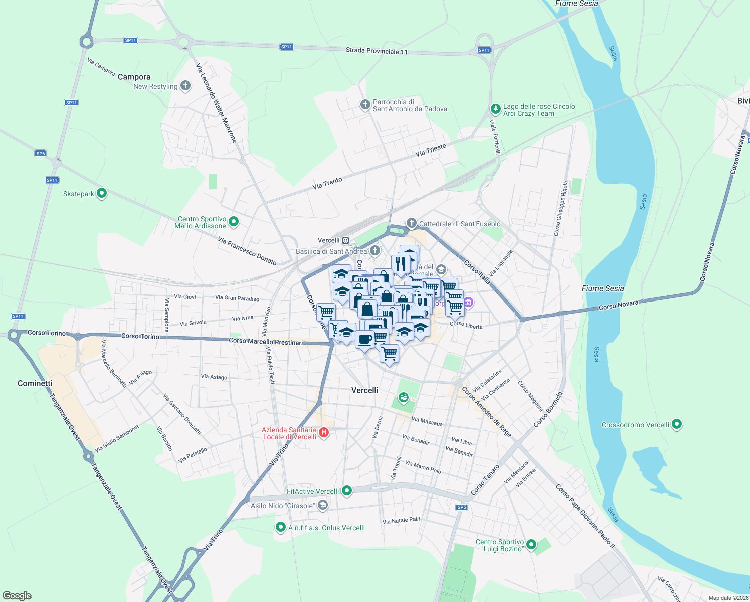map of restaurants, bars, coffee shops, grocery stores, and more near 61 Via Dante Alighieri in Vercelli