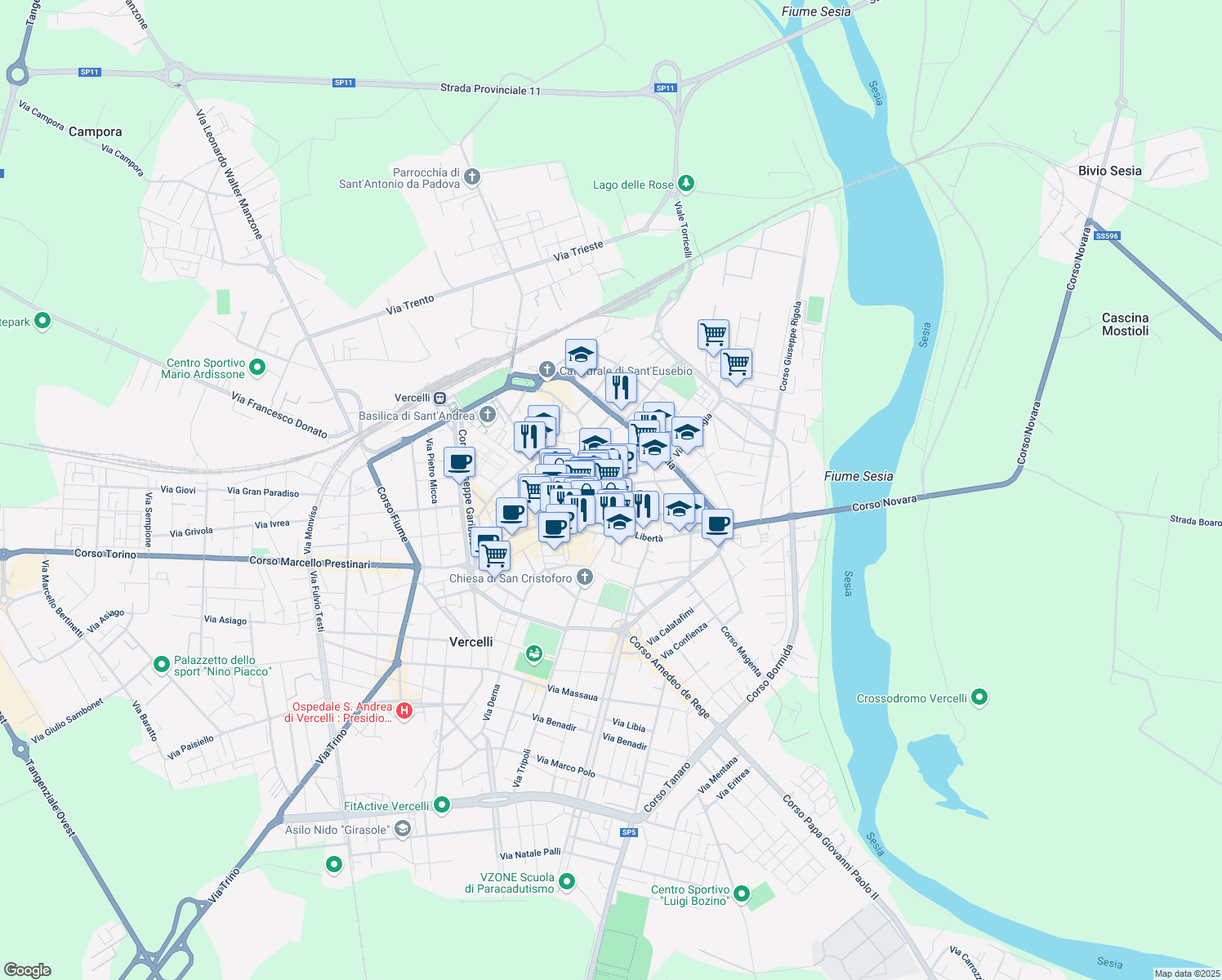 map of restaurants, bars, coffee shops, grocery stores, and more near 1-3 Via Tribunale in Vercelli