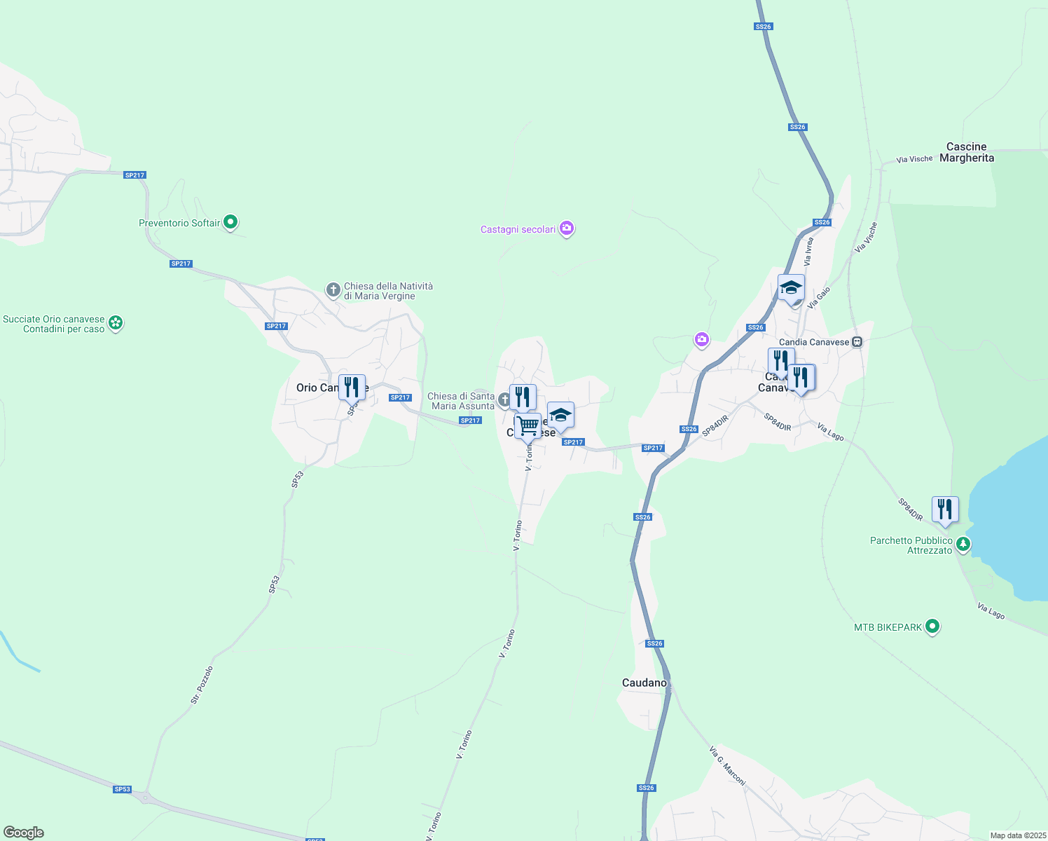 map of restaurants, bars, coffee shops, grocery stores, and more near 8 Via Roma in Barone Canavese