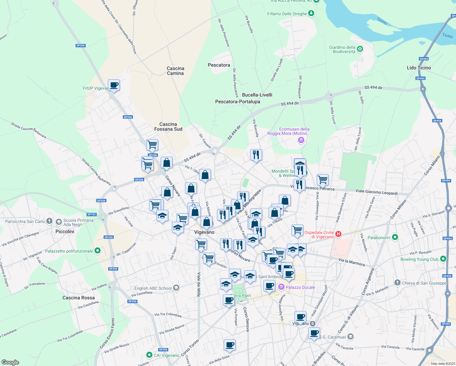 map of restaurants, bars, coffee shops, grocery stores, and more near 20 Via Enrico Toti in Vigevano