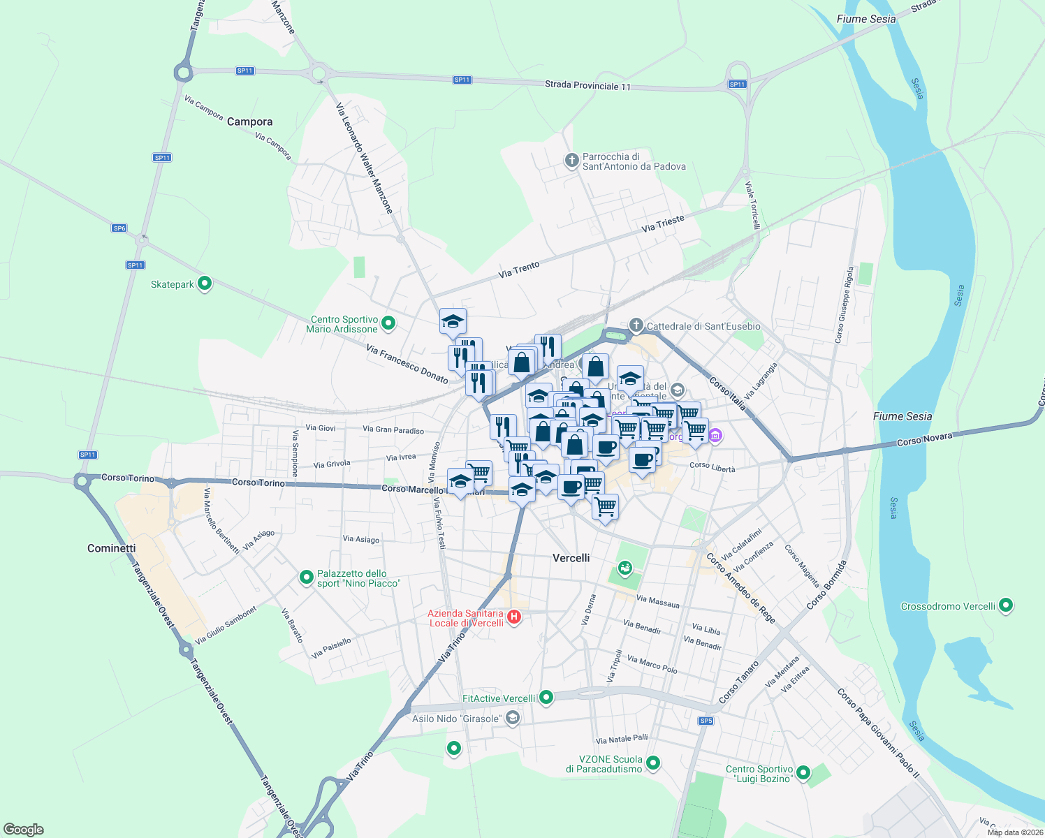 map of restaurants, bars, coffee shops, grocery stores, and more near 15 Via Luigi Sereno in Vercelli