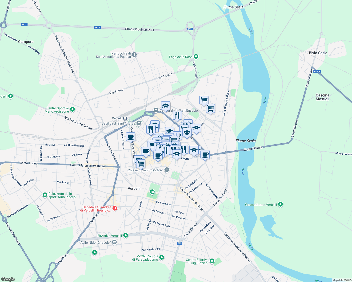 map of restaurants, bars, coffee shops, grocery stores, and more near 3 Via Tribunale in Vercelli