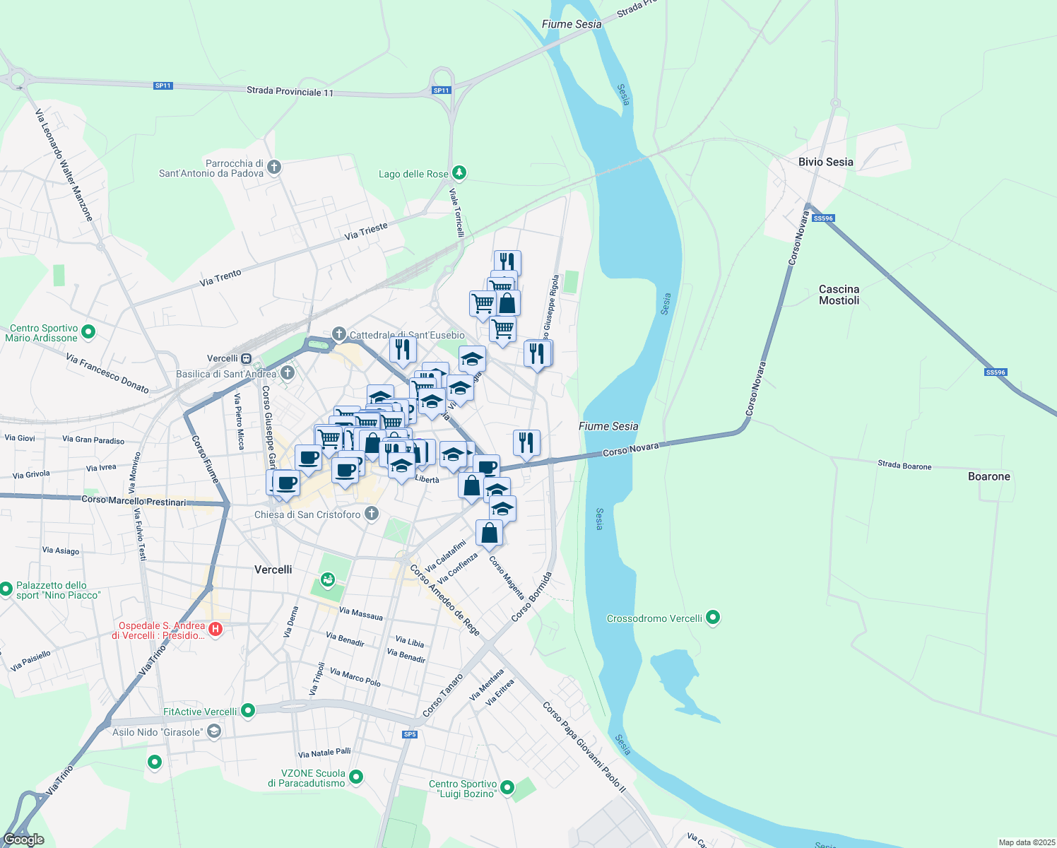 map of restaurants, bars, coffee shops, grocery stores, and more near 12 Via Leon Battista Alberti in Vercelli