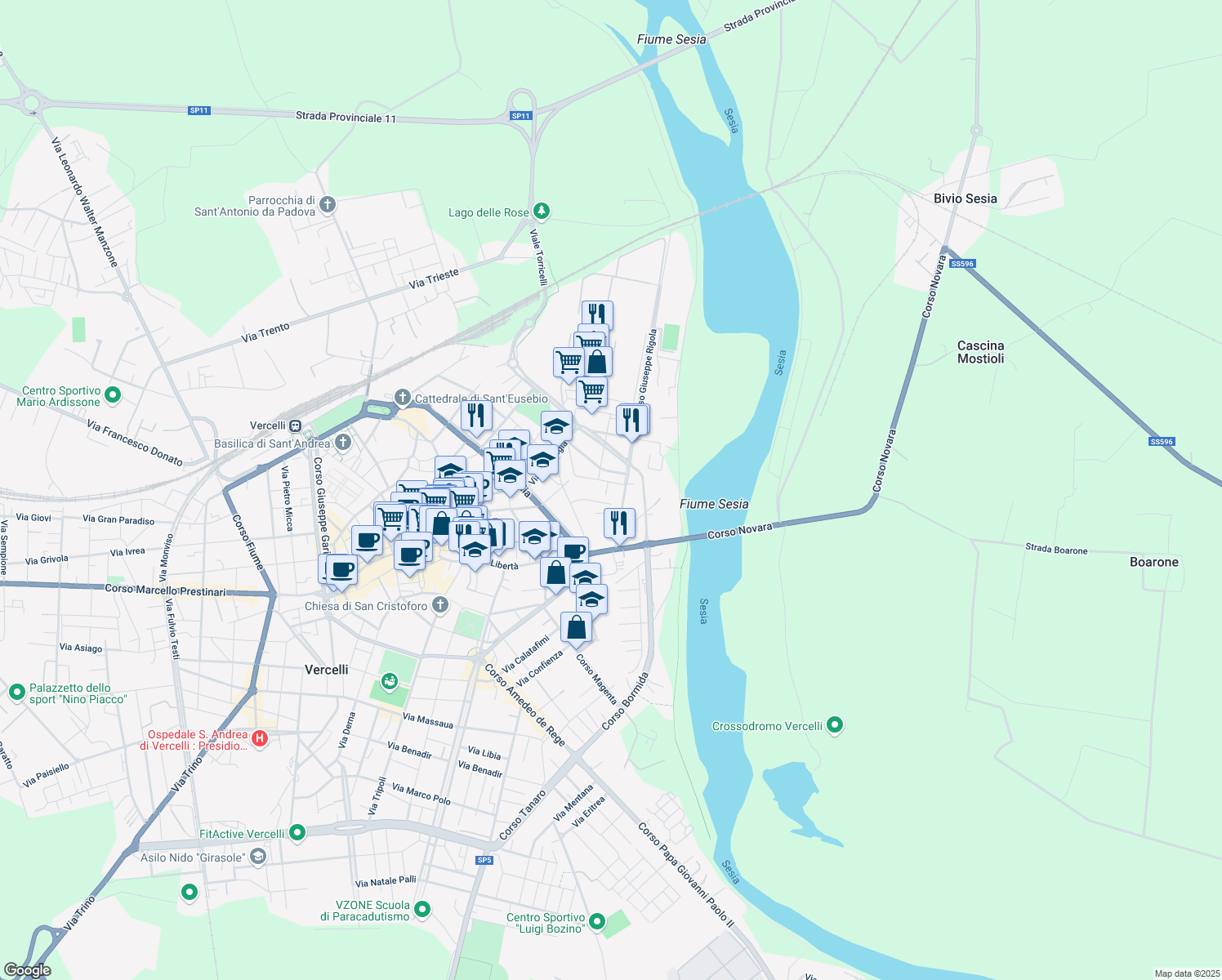 map of restaurants, bars, coffee shops, grocery stores, and more near 12 Via Leon Battista Alberti in Vercelli