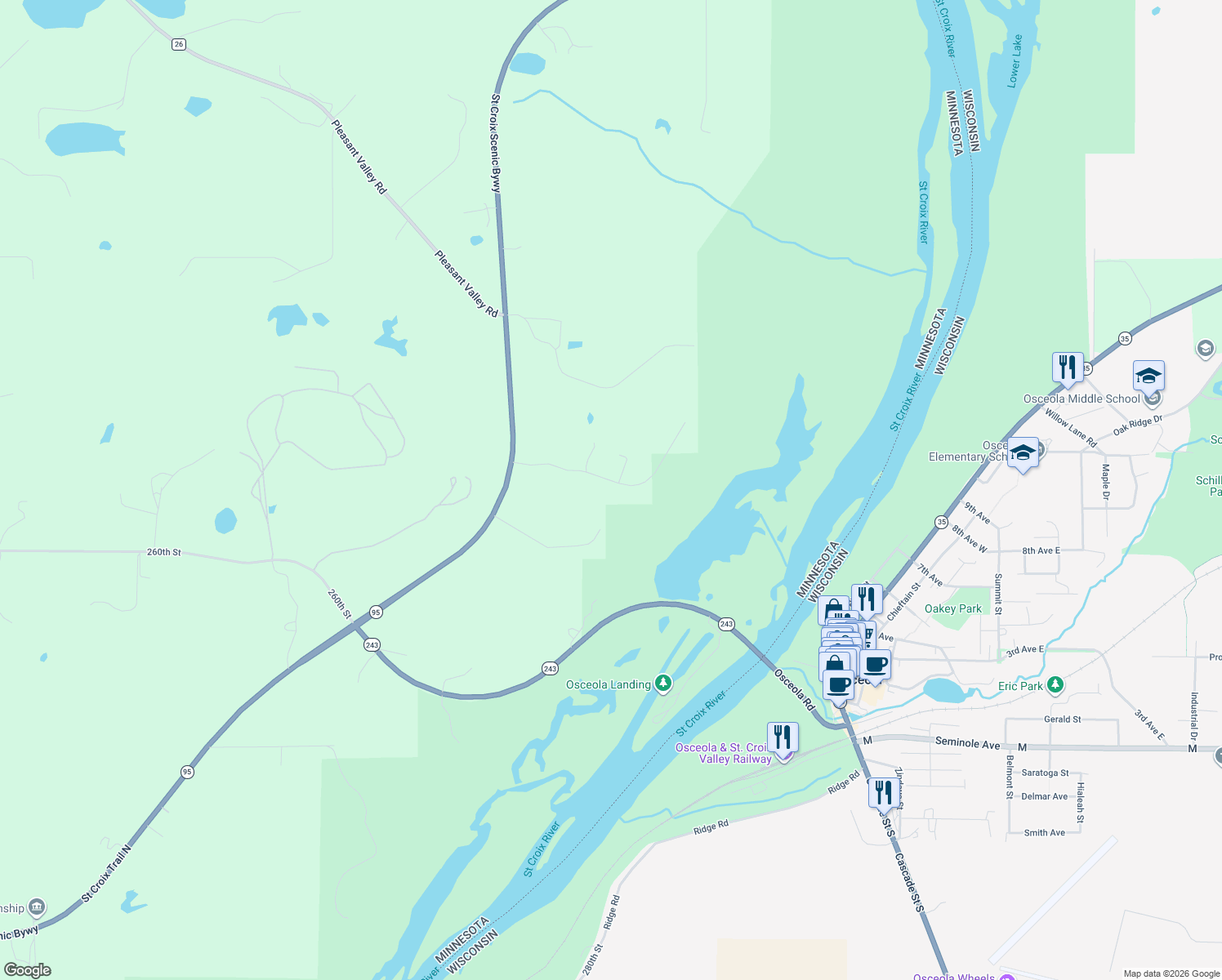 map of restaurants, bars, coffee shops, grocery stores, and more near 26109 Saint Croix Trail North in Shafer