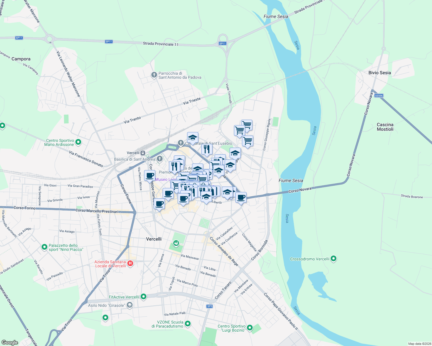 map of restaurants, bars, coffee shops, grocery stores, and more near 2 Via Re Rosanna in Vercelli