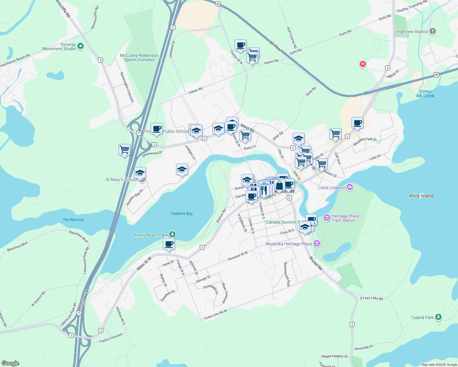 map of restaurants, bars, coffee shops, grocery stores, and more near 7 North Dufferin Street in Huntsville