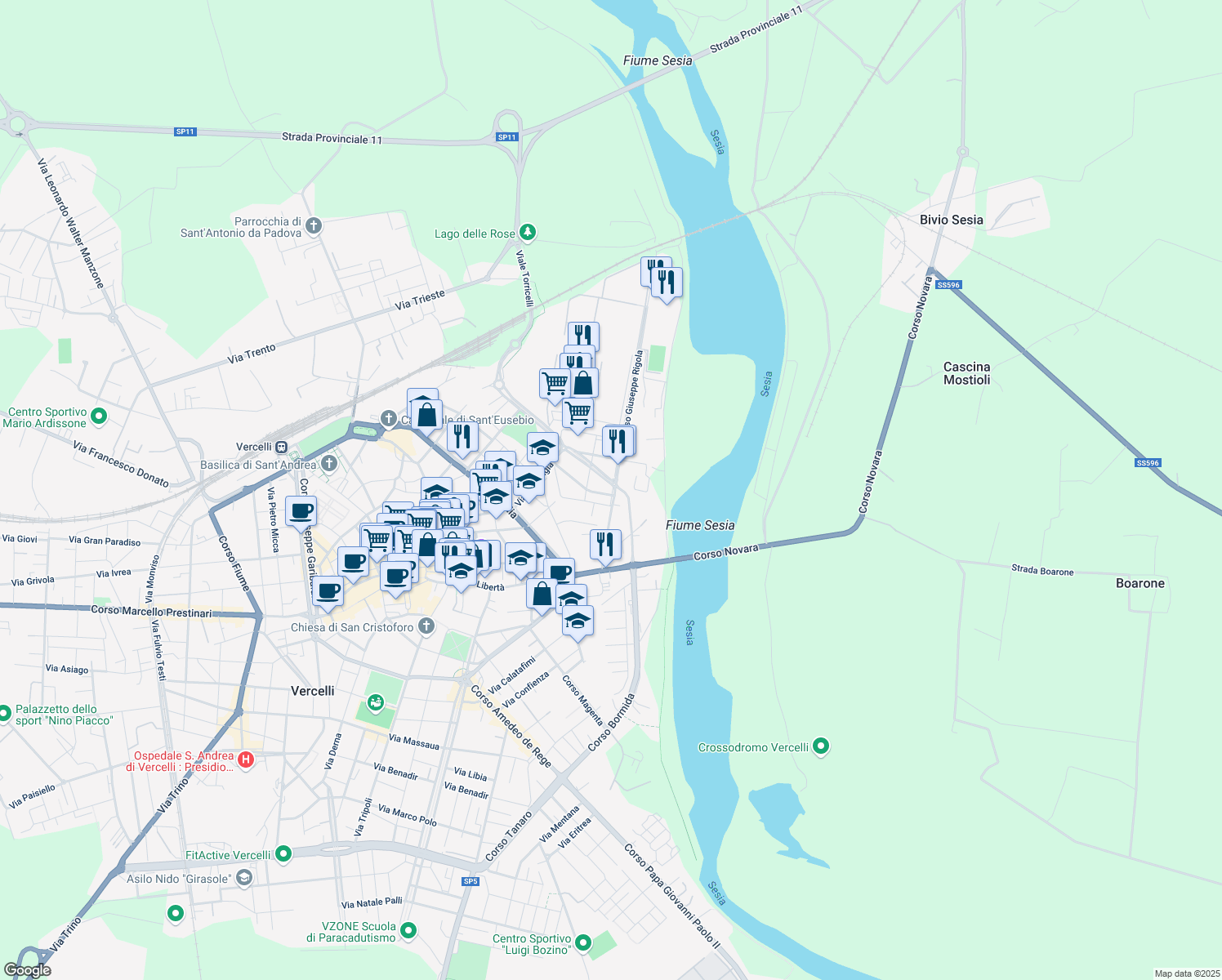 map of restaurants, bars, coffee shops, grocery stores, and more near 22 Viale Alessandro Volta in Vercelli