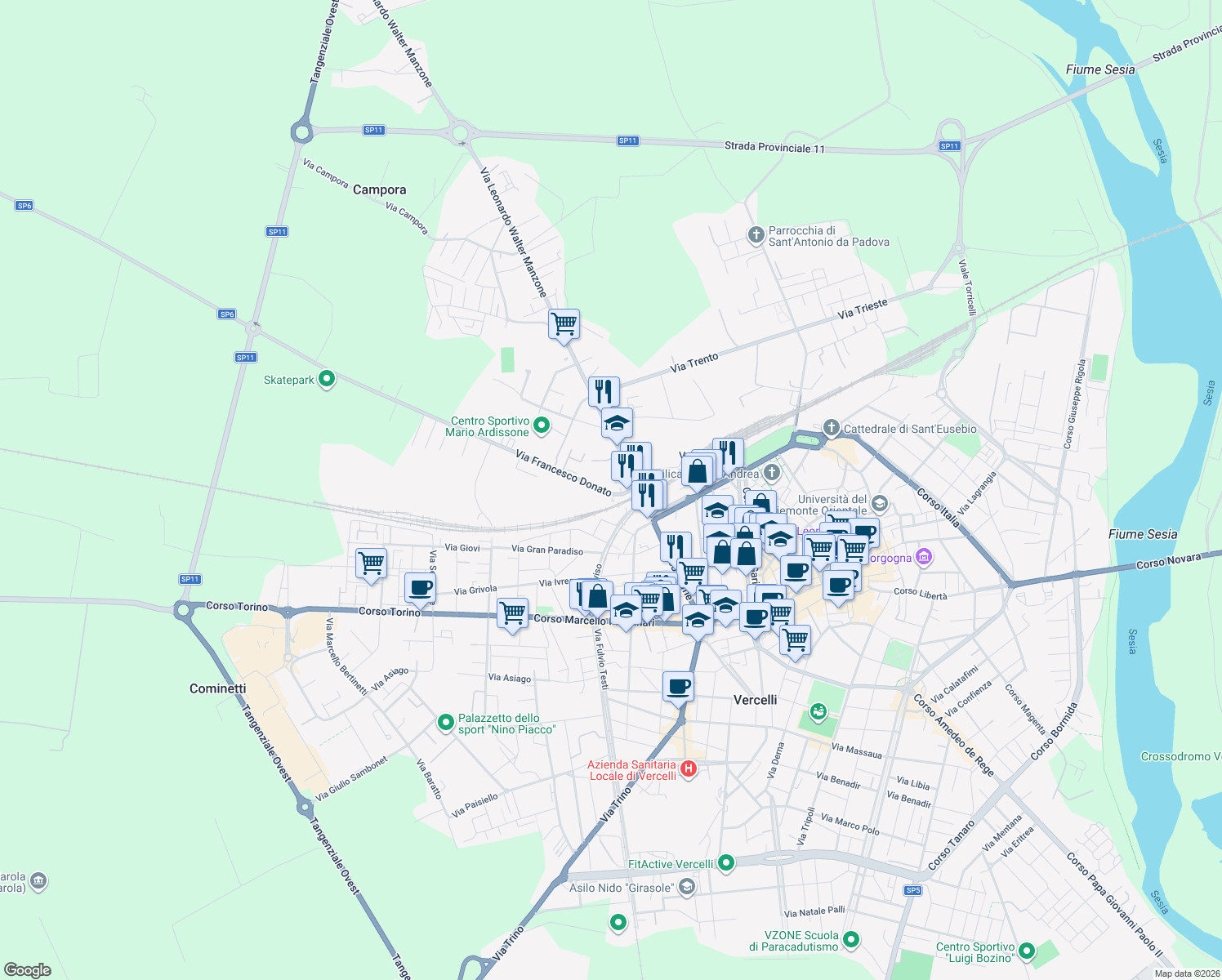 map of restaurants, bars, coffee shops, grocery stores, and more near 7 Via Francesco Donato in Vercelli