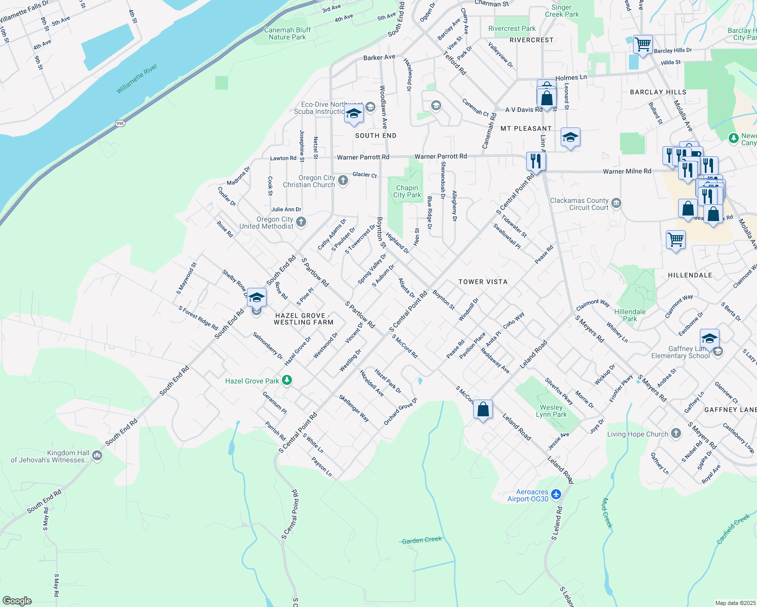 map of restaurants, bars, coffee shops, grocery stores, and more near 19340 South Vincent Drive in Oregon City