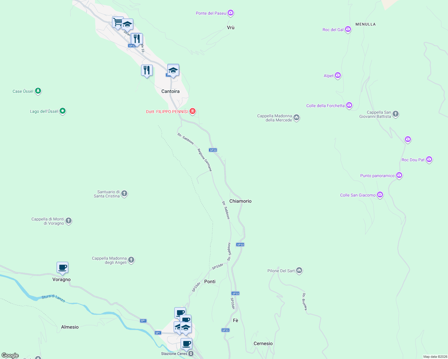 map of restaurants, bars, coffee shops, grocery stores, and more near 50 Località Chiamorio in Cantoira