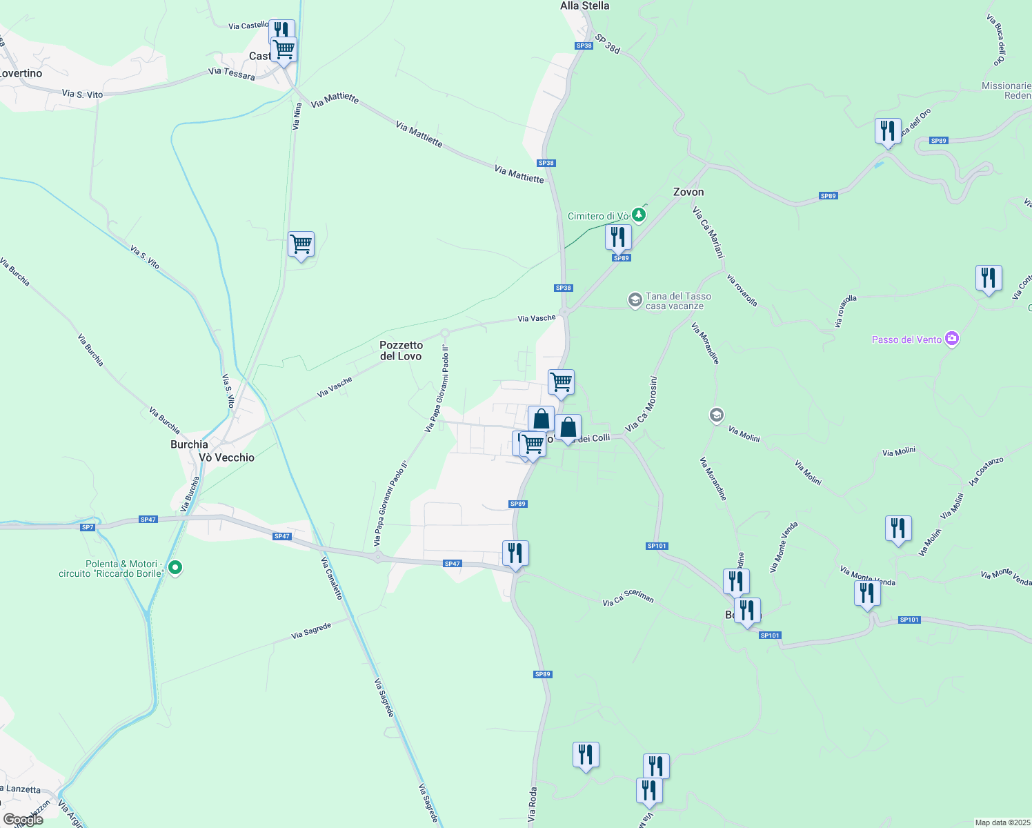 map of restaurants, bars, coffee shops, grocery stores, and more near 59 Via Suor F. Toniolo in Vo'