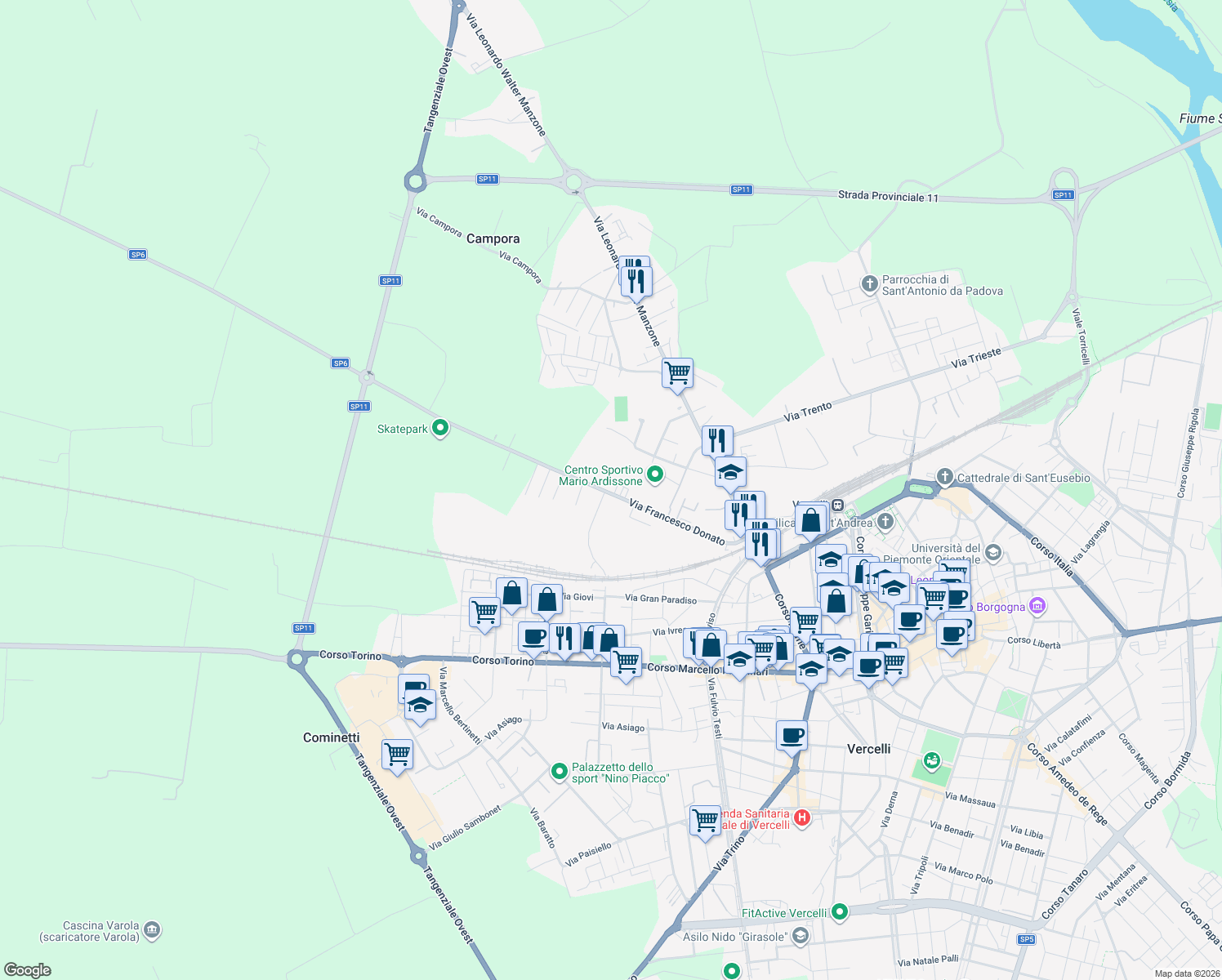map of restaurants, bars, coffee shops, grocery stores, and more near 22 Via Francesco Donato in Vercelli