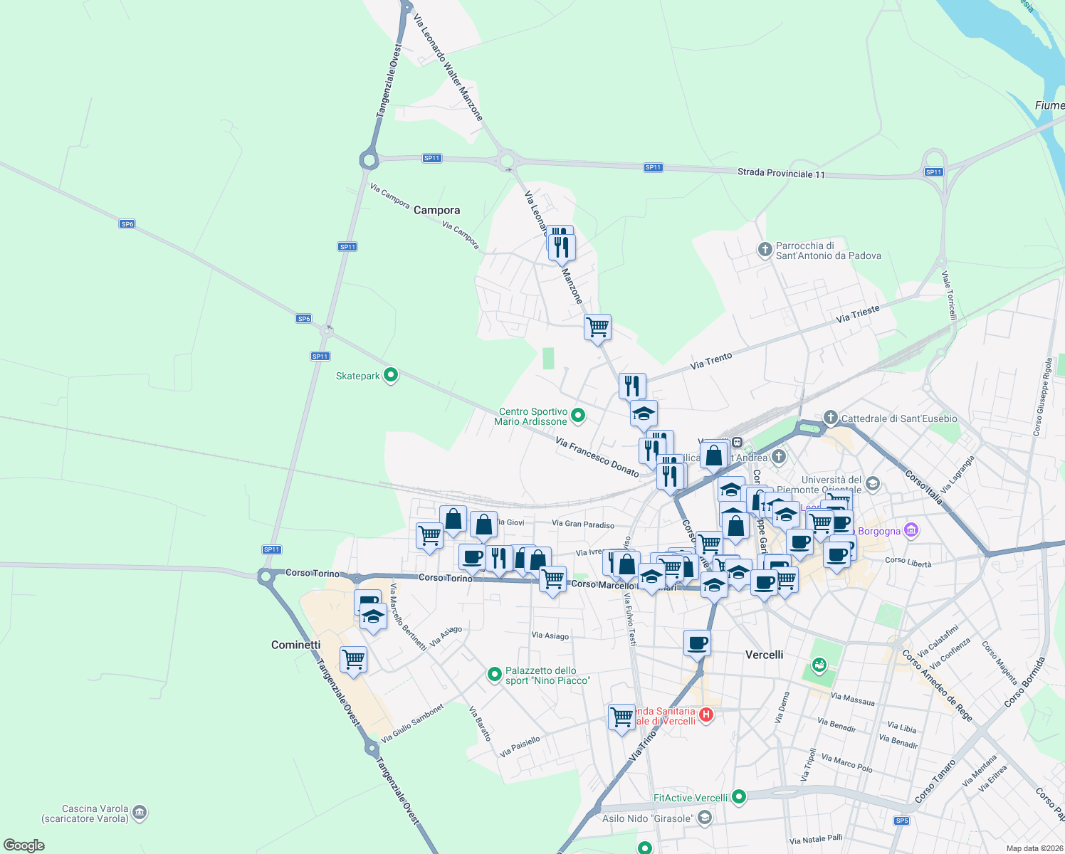 map of restaurants, bars, coffee shops, grocery stores, and more near 22 Via Francesco Donato in Vercelli