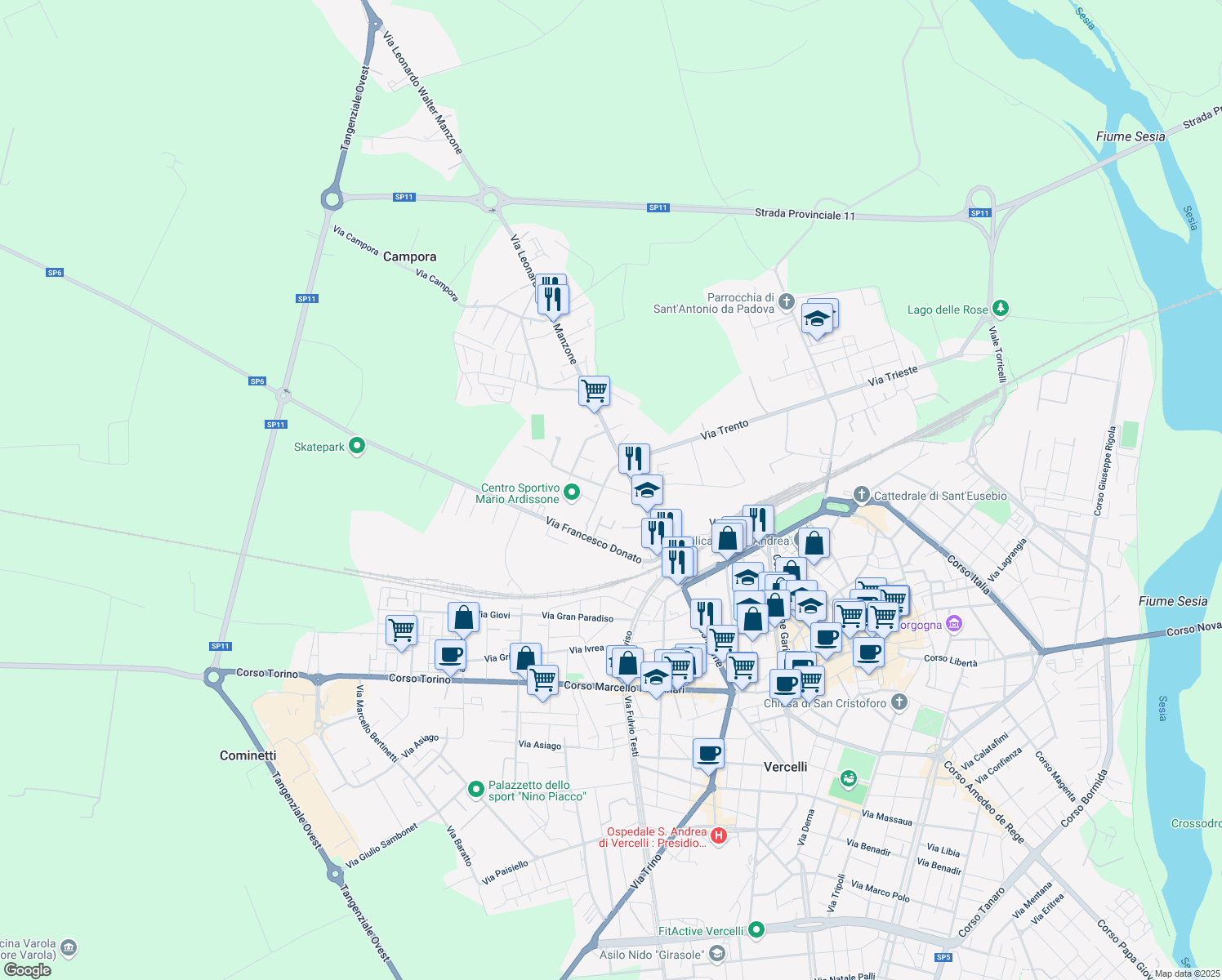 map of restaurants, bars, coffee shops, grocery stores, and more near 4 Via Vicenza in Vercelli