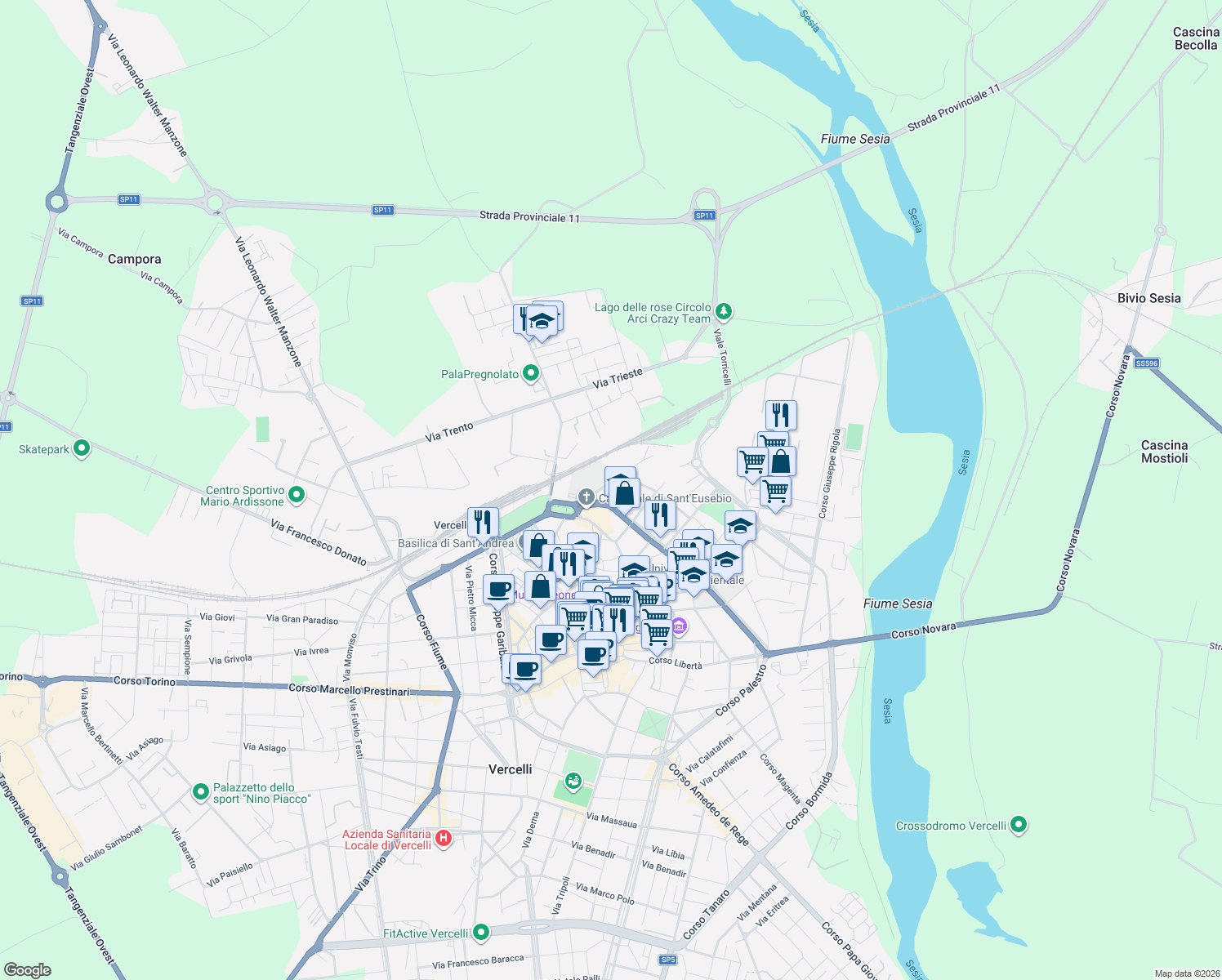 map of restaurants, bars, coffee shops, grocery stores, and more near 35 Via Righi in Vercelli