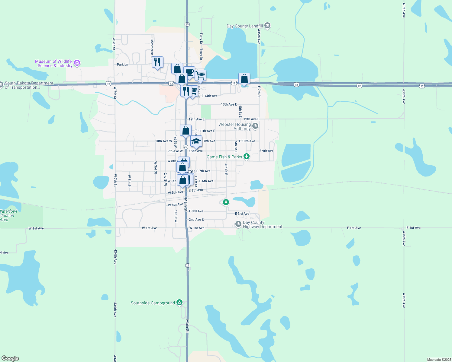 map of restaurants, bars, coffee shops, grocery stores, and more near 399 6th Ave E in Webster