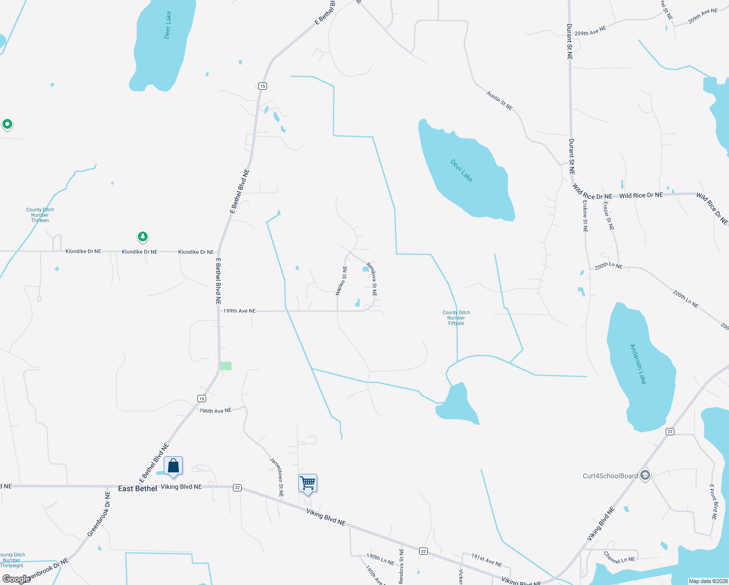 map of restaurants, bars, coffee shops, grocery stores, and more near 19968 Rendova Street Northeast in East Bethel