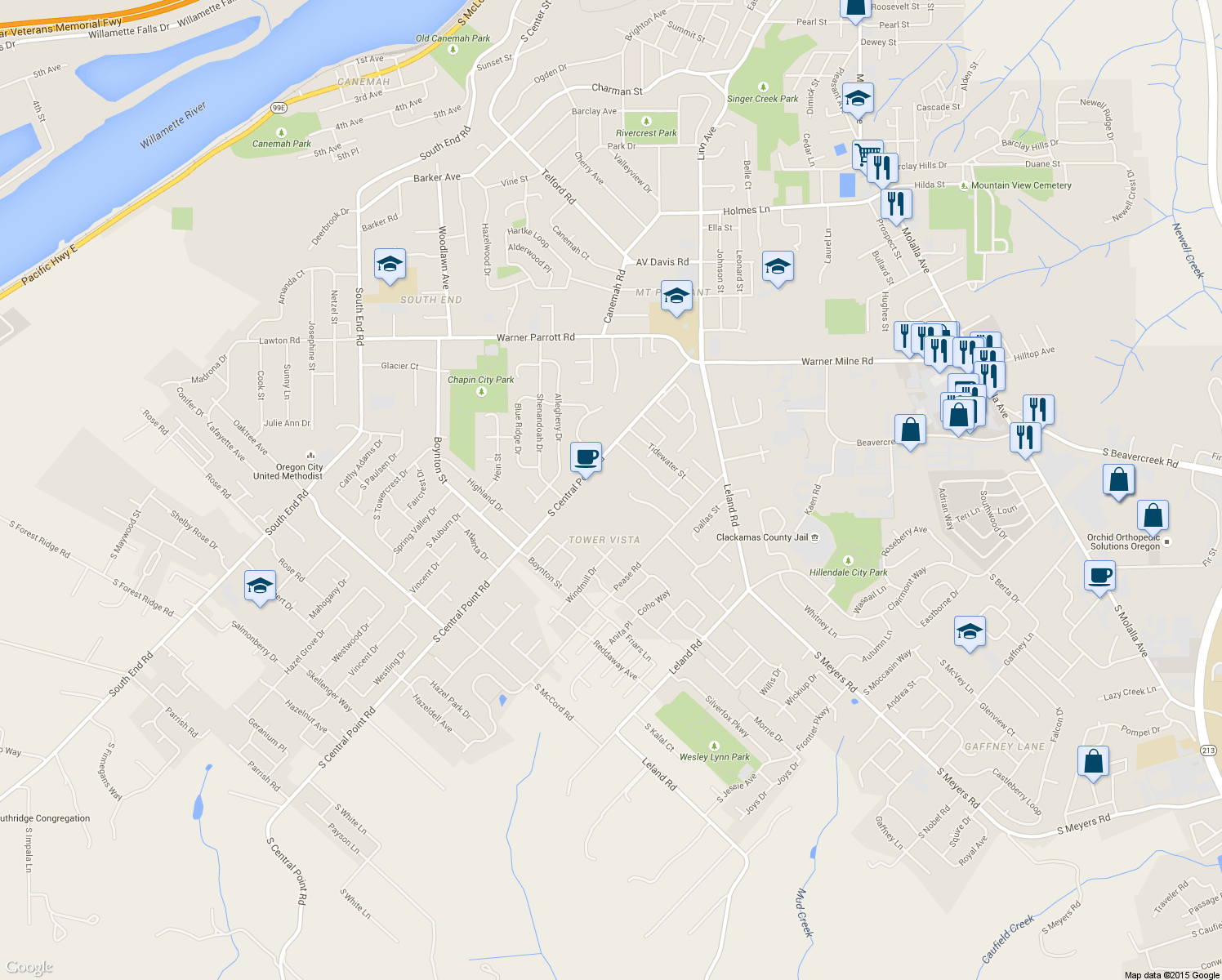 map of restaurants, bars, coffee shops, grocery stores, and more near 12040 Meadowlawn Drive in Oregon City