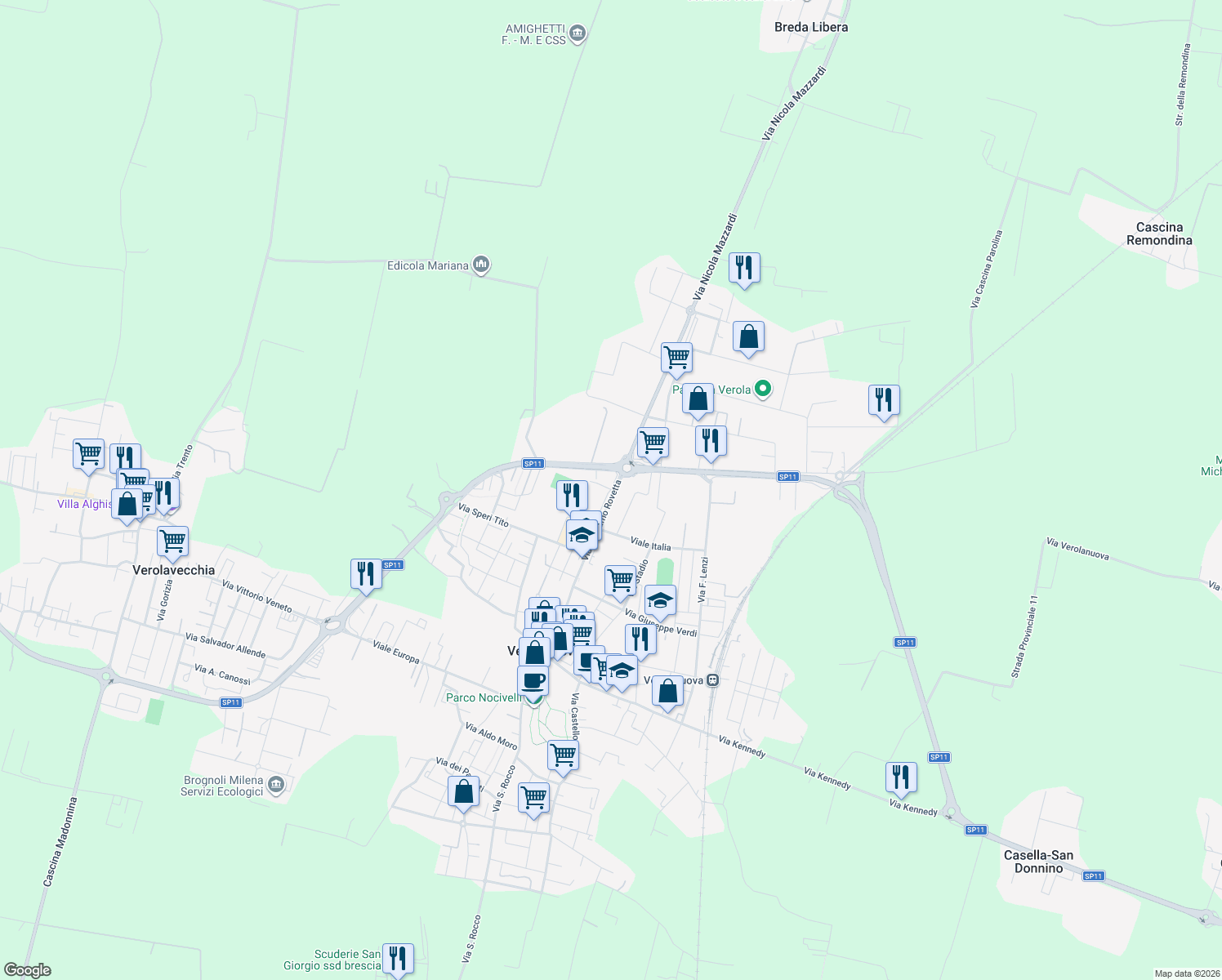 map of restaurants, bars, coffee shops, grocery stores, and more near 3-4 Via Lombardia in Verolanuova