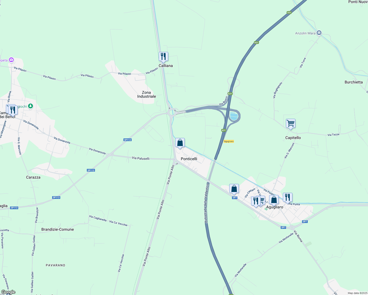 map of restaurants, bars, coffee shops, grocery stores, and more near 44 Via Ponticelli in Ponticelli
