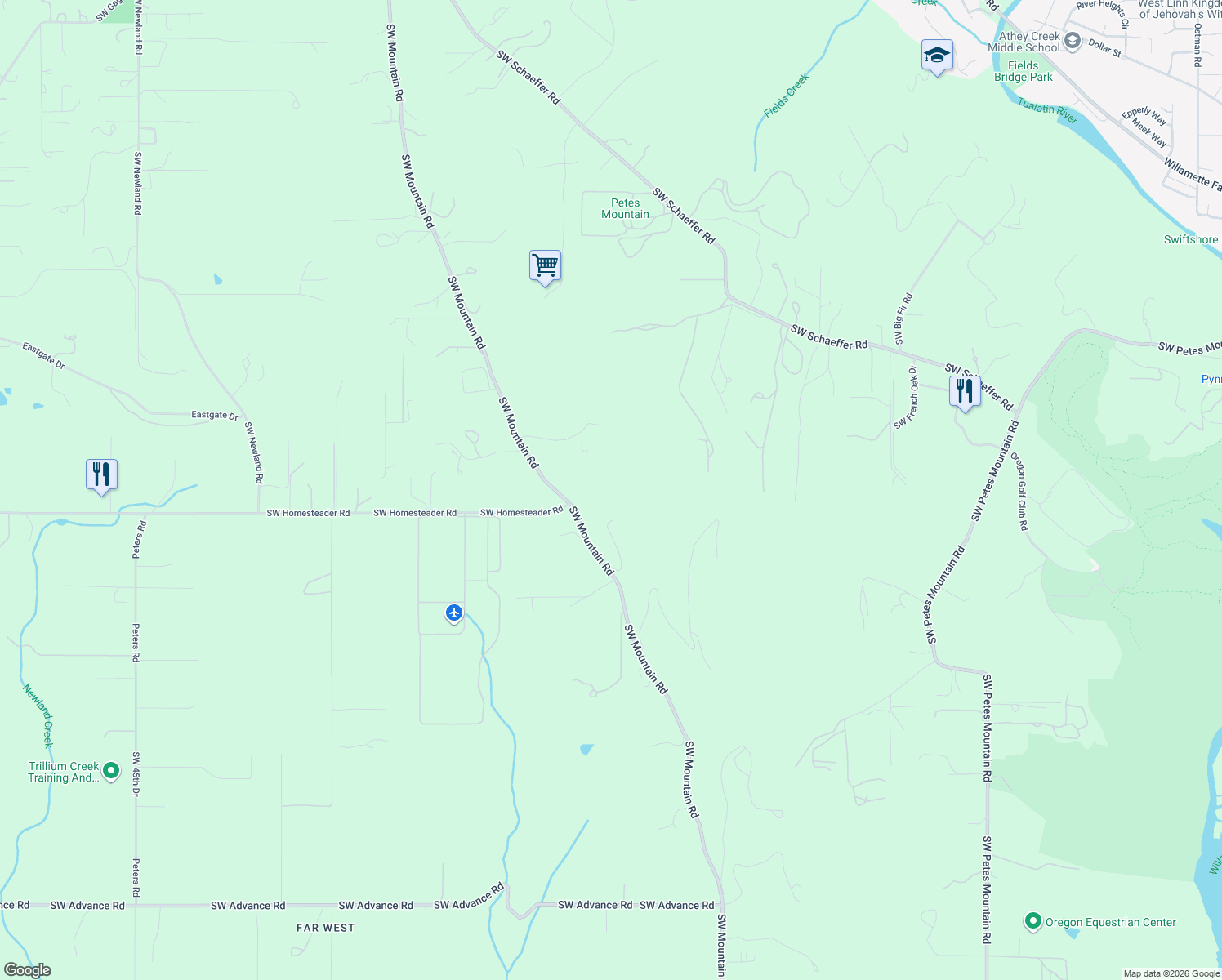 map of restaurants, bars, coffee shops, grocery stores, and more near 25610 Southwest Mountain Road in West Linn