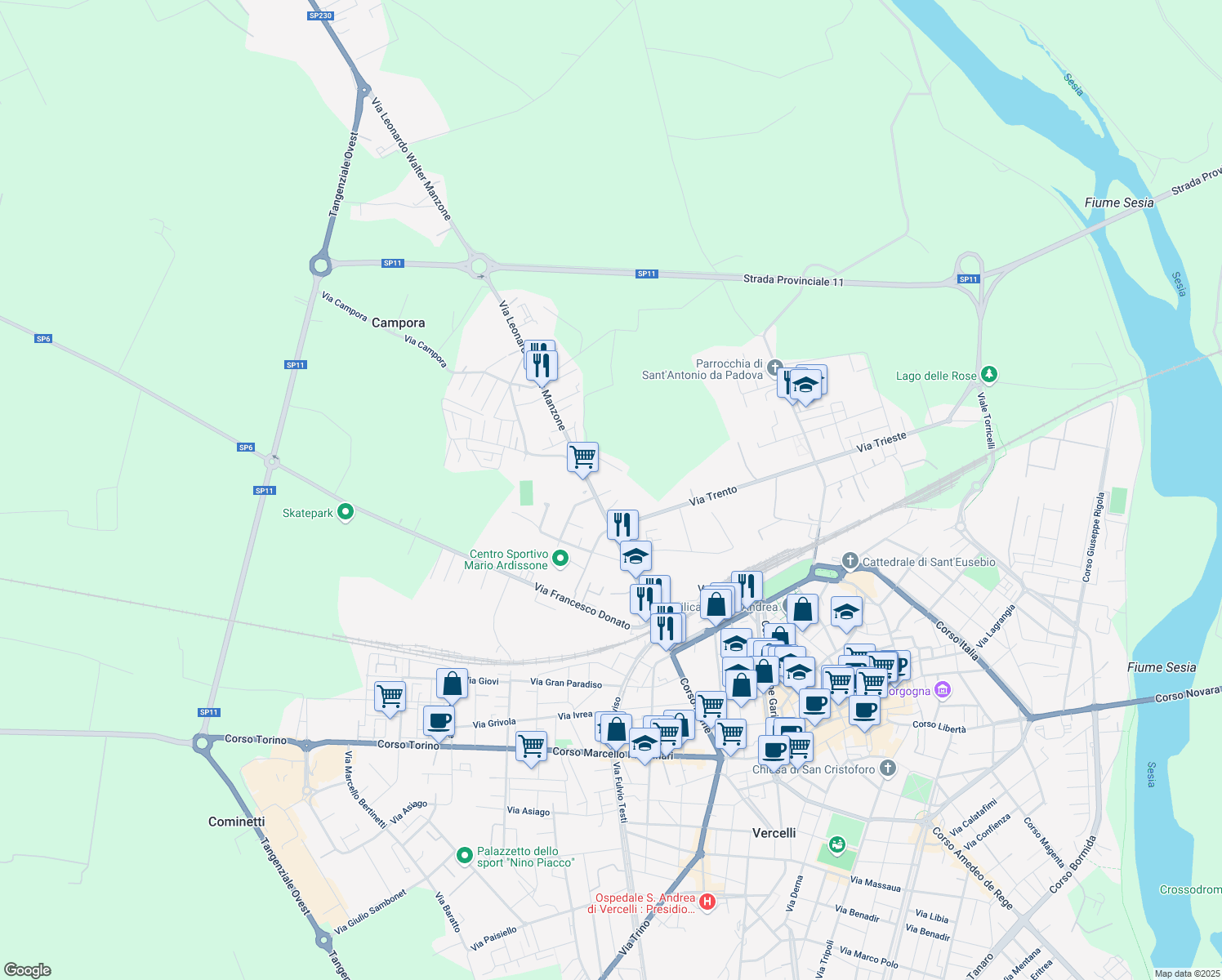 map of restaurants, bars, coffee shops, grocery stores, and more near 25 Via Leonardo Walter Manzone in Vercelli