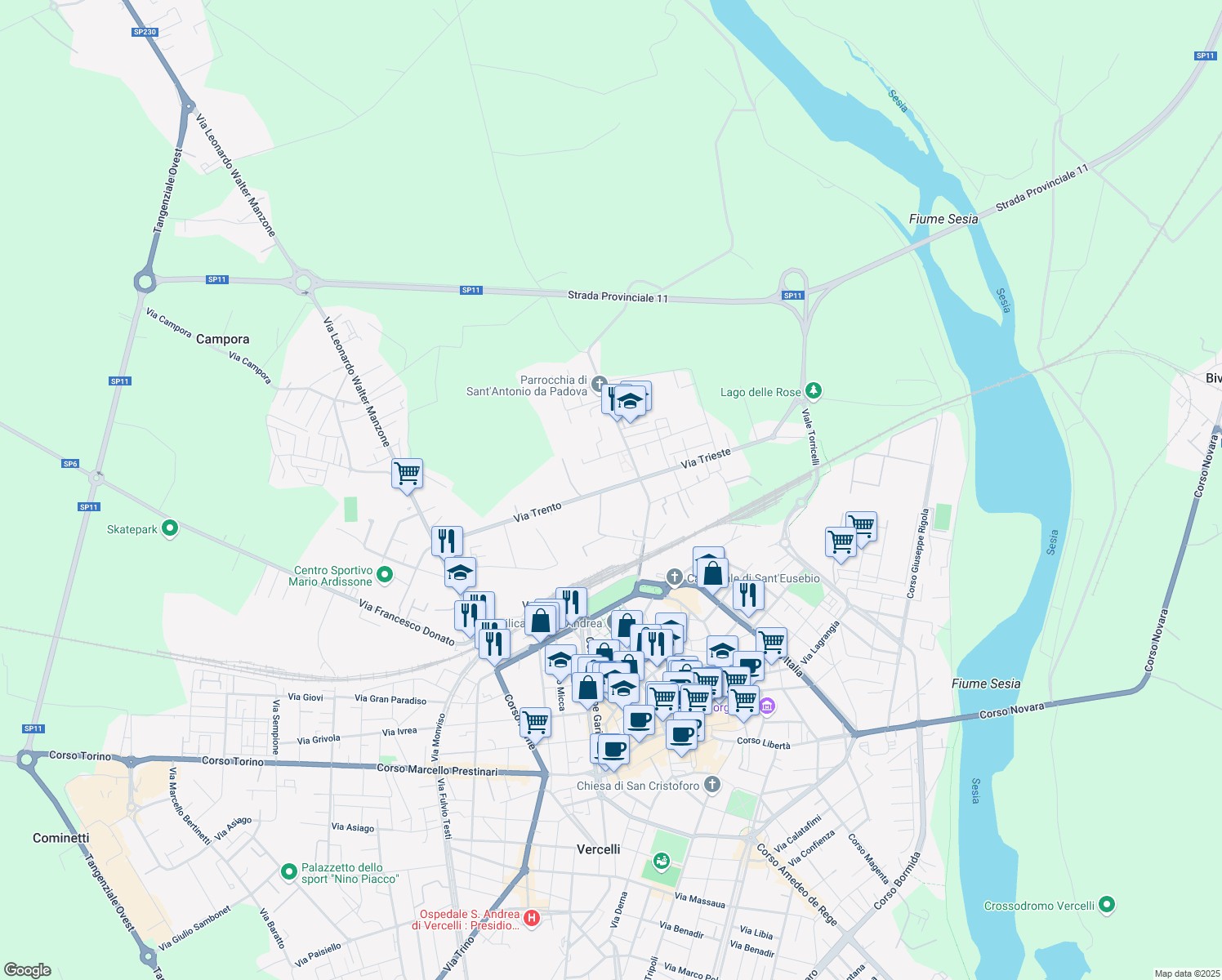 map of restaurants, bars, coffee shops, grocery stores, and more near 44A Via Trento in Vercelli