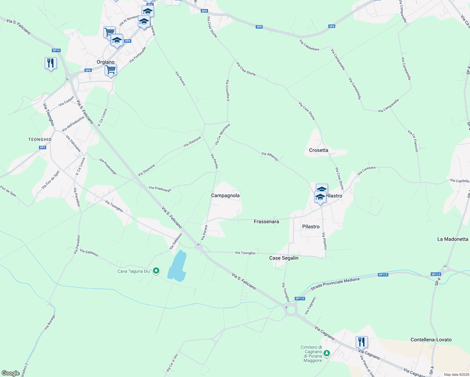 map of restaurants, bars, coffee shops, grocery stores, and more near 9 Via Campagnola in Campagnola