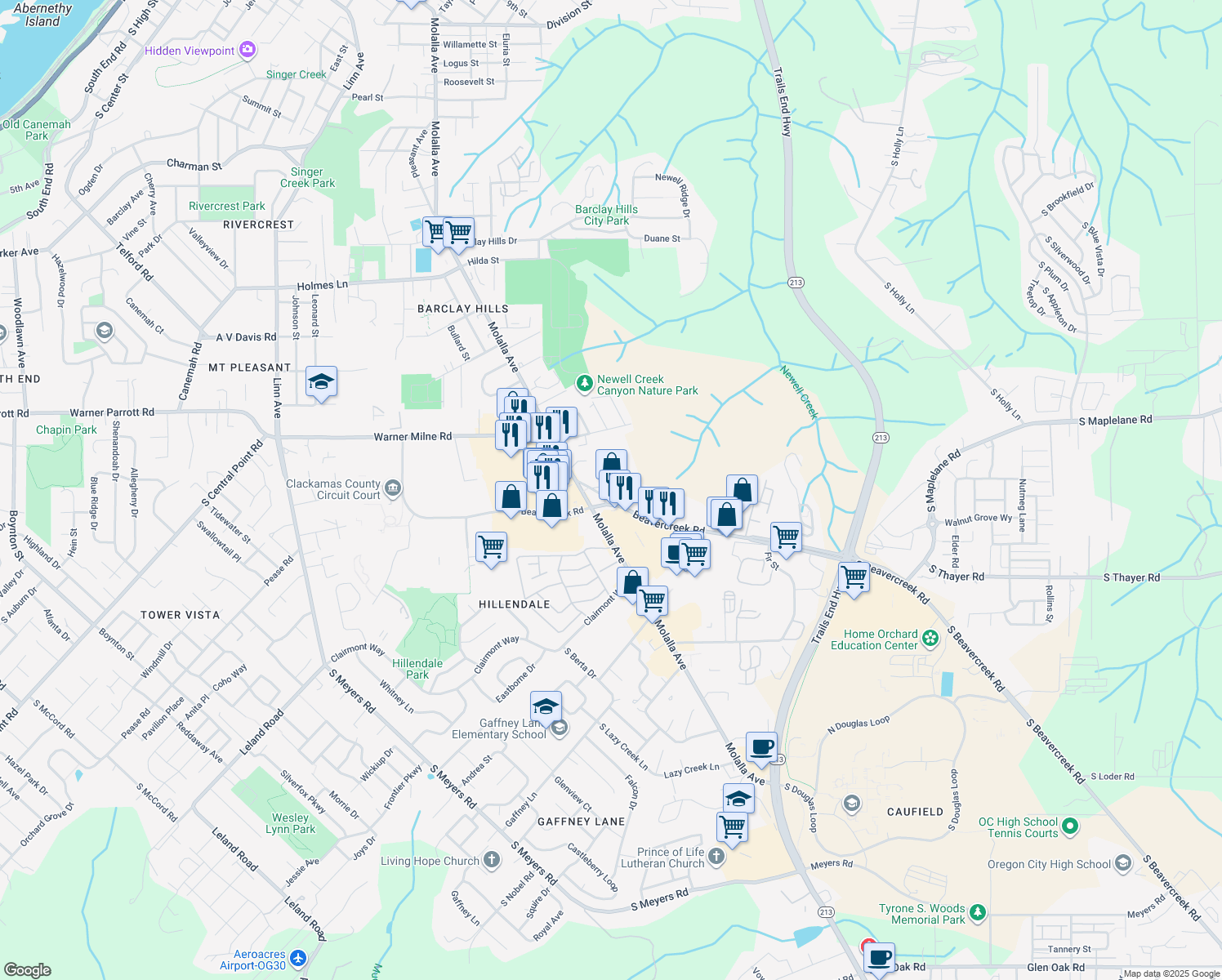 map of restaurants, bars, coffee shops, grocery stores, and more near 1607 Beavercreek Rd in Oregon City