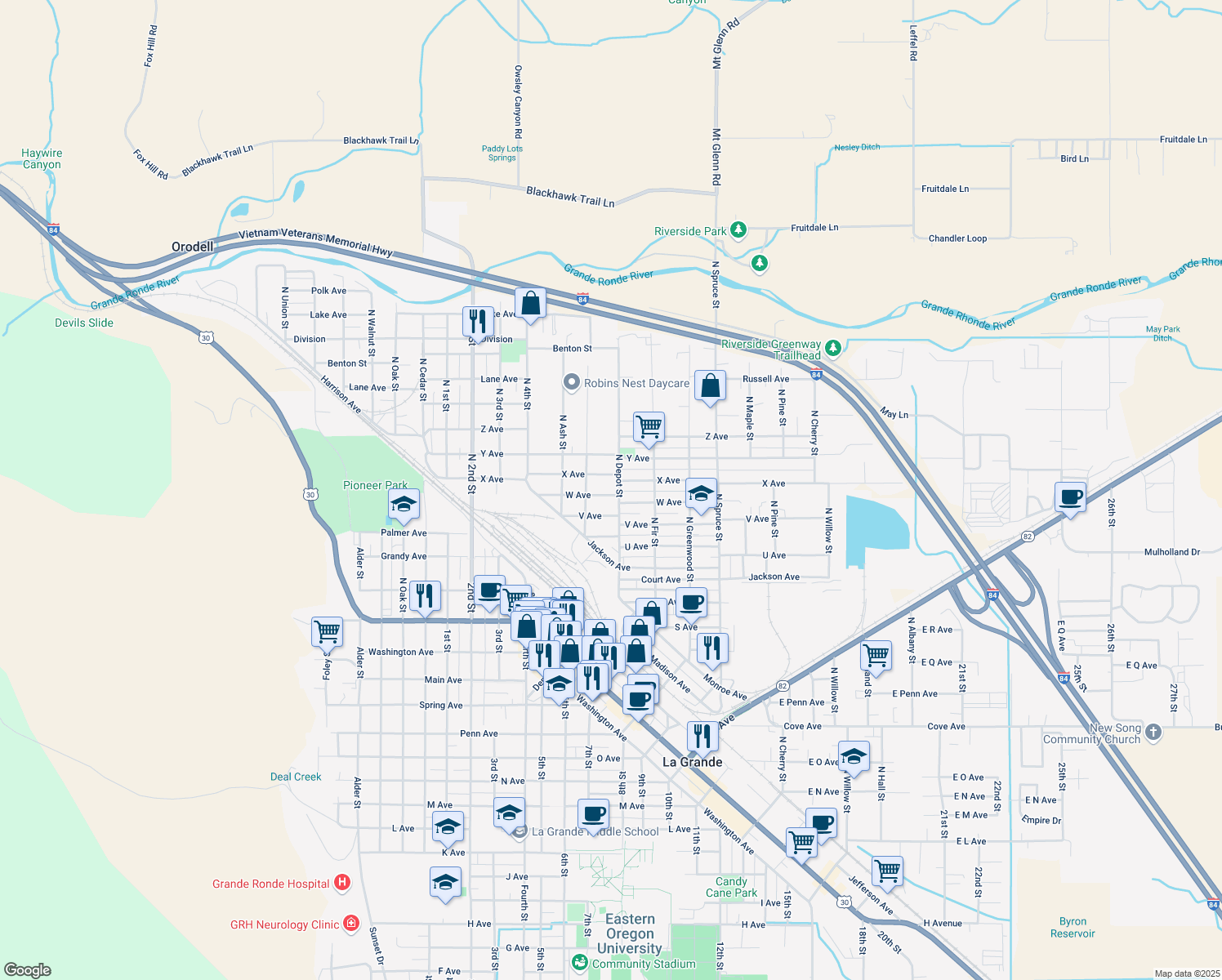 map of restaurants, bars, coffee shops, grocery stores, and more near 1219 W Avenue in La Grande