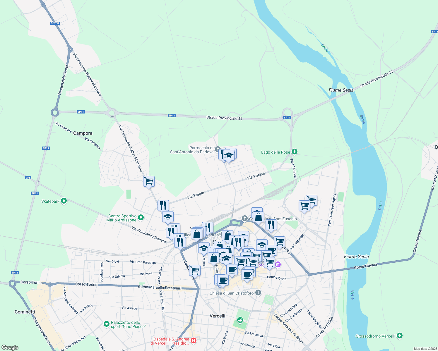 map of restaurants, bars, coffee shops, grocery stores, and more near 44A Via Trento in Vercelli