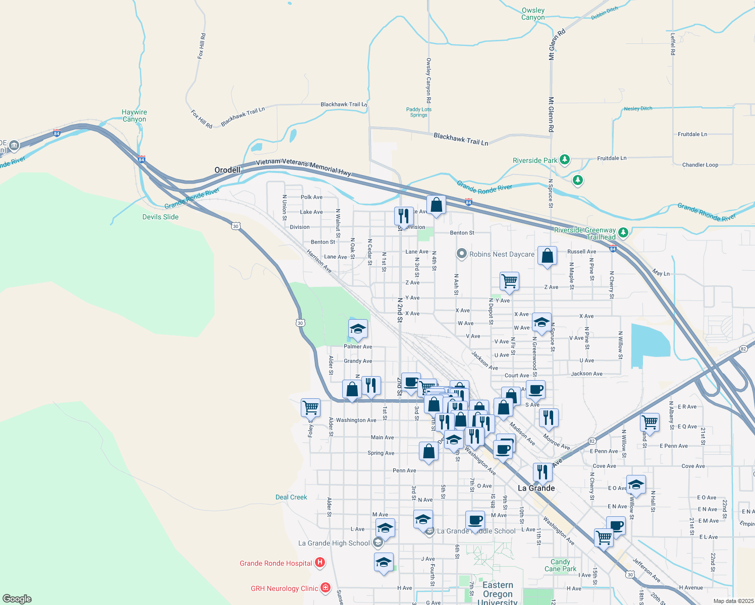 map of restaurants, bars, coffee shops, grocery stores, and more near 606 Y Avenue in La Grande