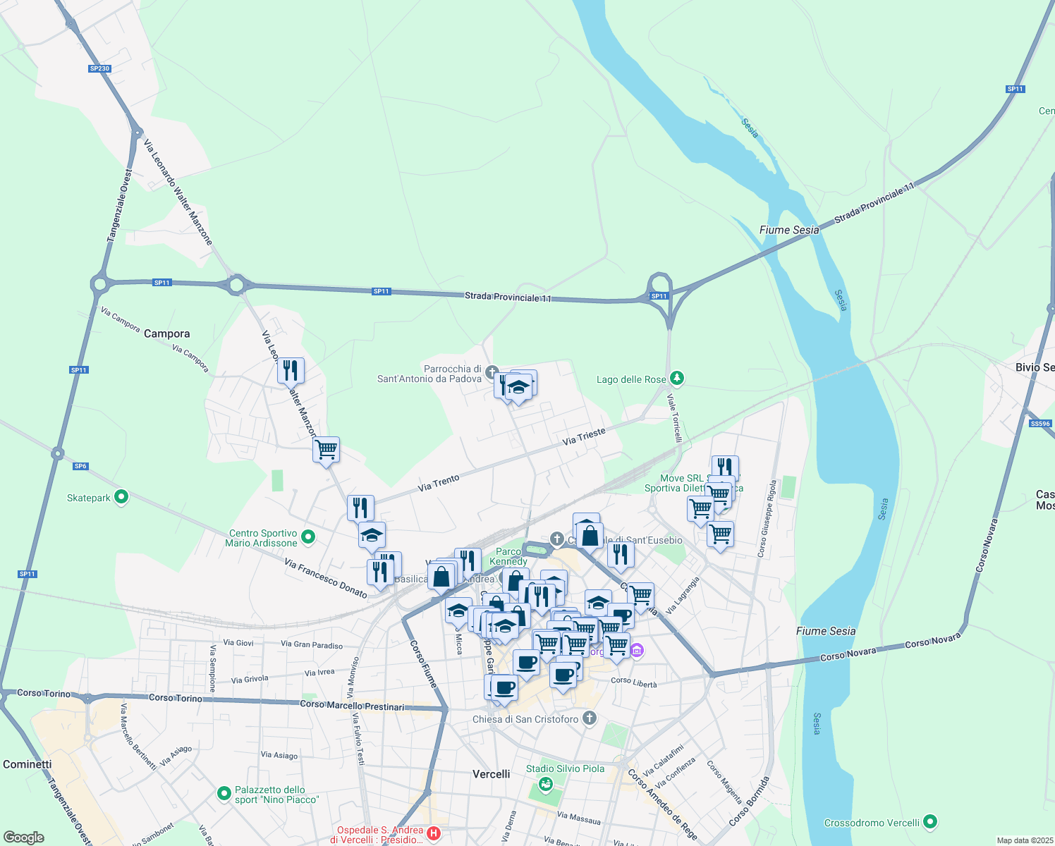 map of restaurants, bars, coffee shops, grocery stores, and more near 7 Via Arles in Vercelli