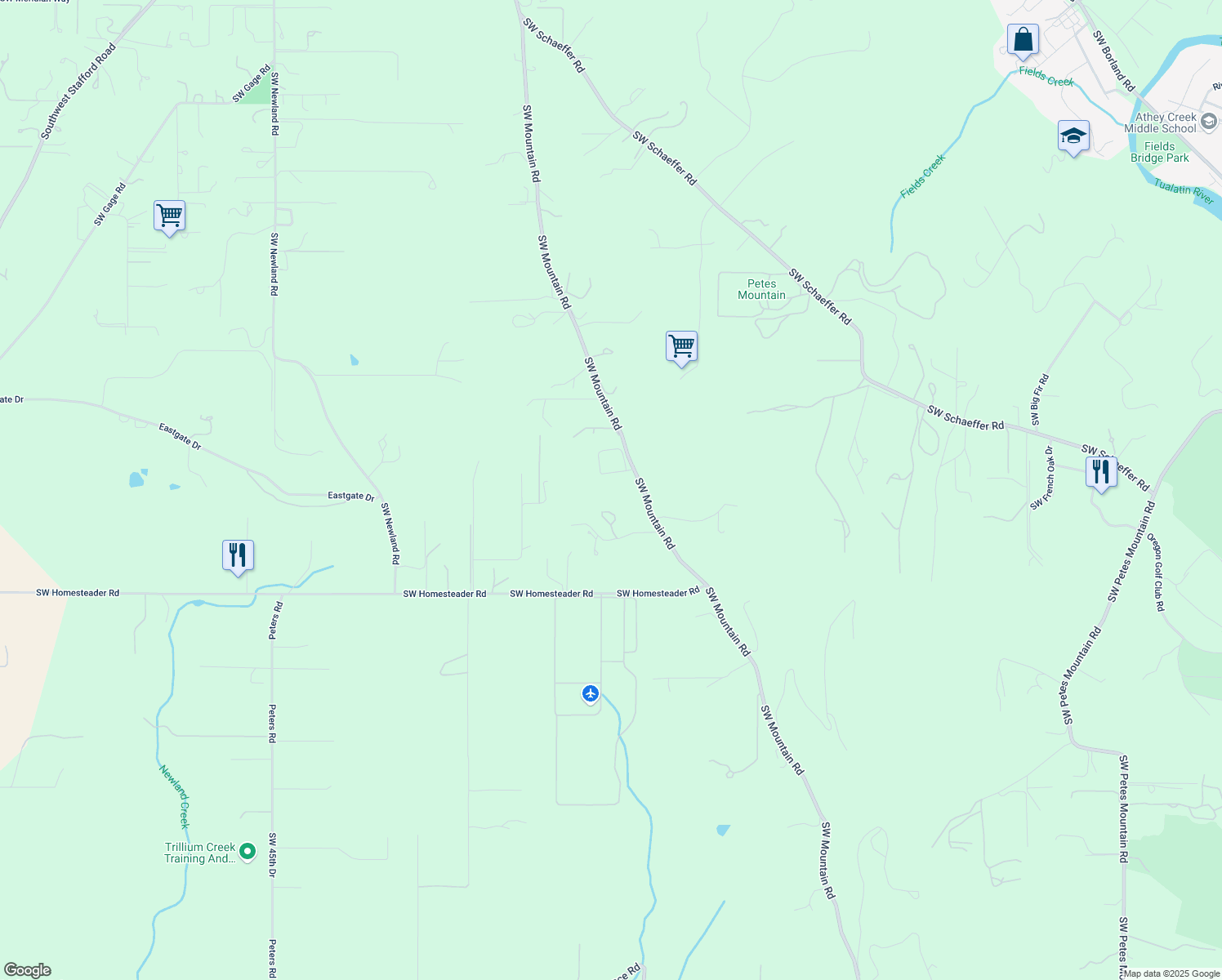 map of restaurants, bars, coffee shops, grocery stores, and more near 25275 Southwest Mountain Road in West Linn