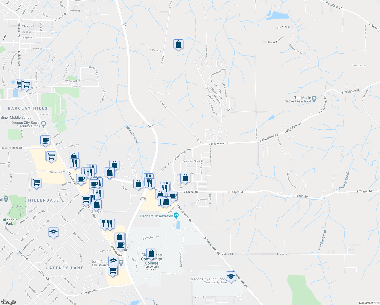 map of restaurants, bars, coffee shops, grocery stores, and more near 14530 South Maplelane Road in Oregon City