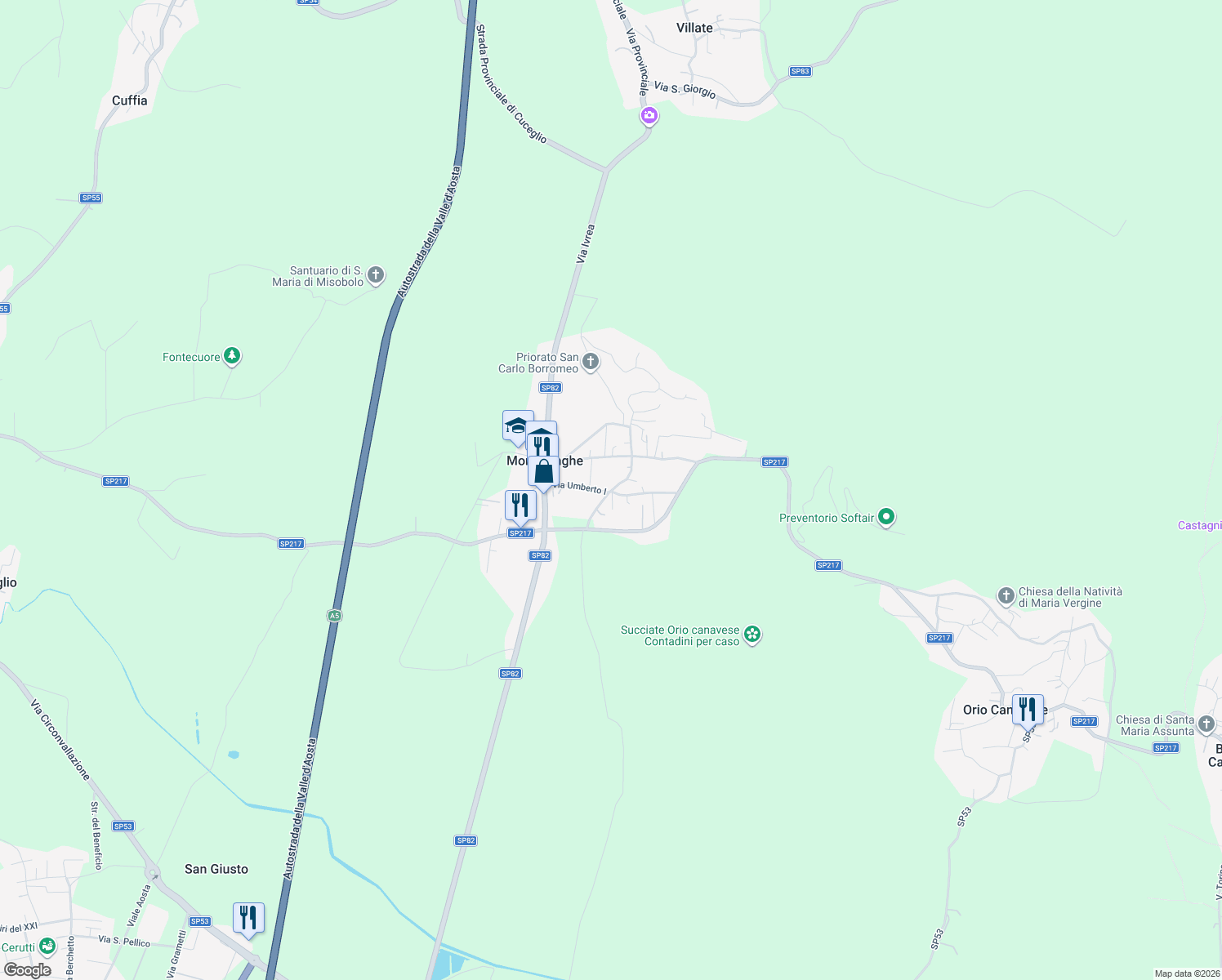 map of restaurants, bars, coffee shops, grocery stores, and more near 2 Via Montebello in Montalenghe
