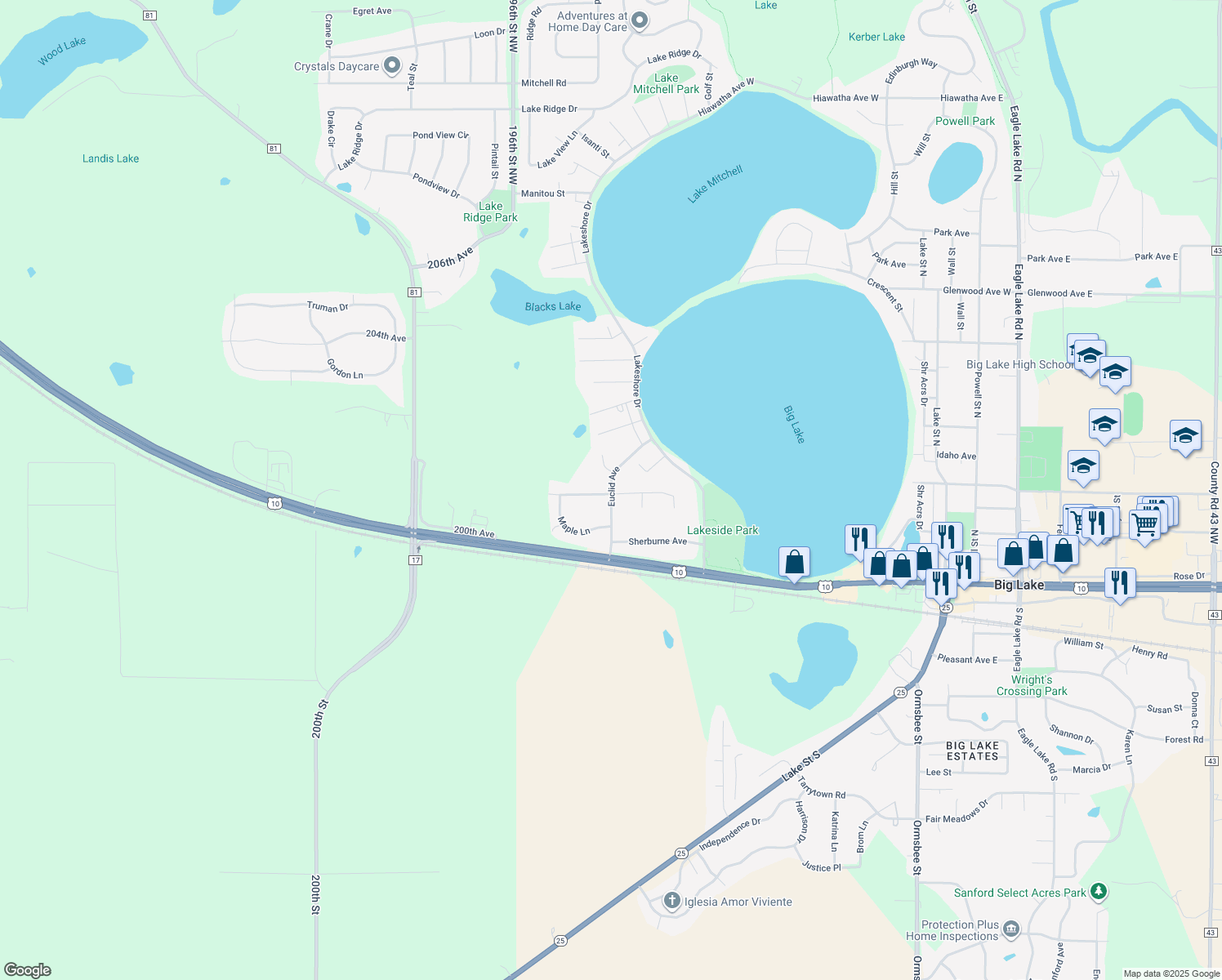 map of restaurants, bars, coffee shops, grocery stores, and more near 241 Euclid Avenue in Big Lake