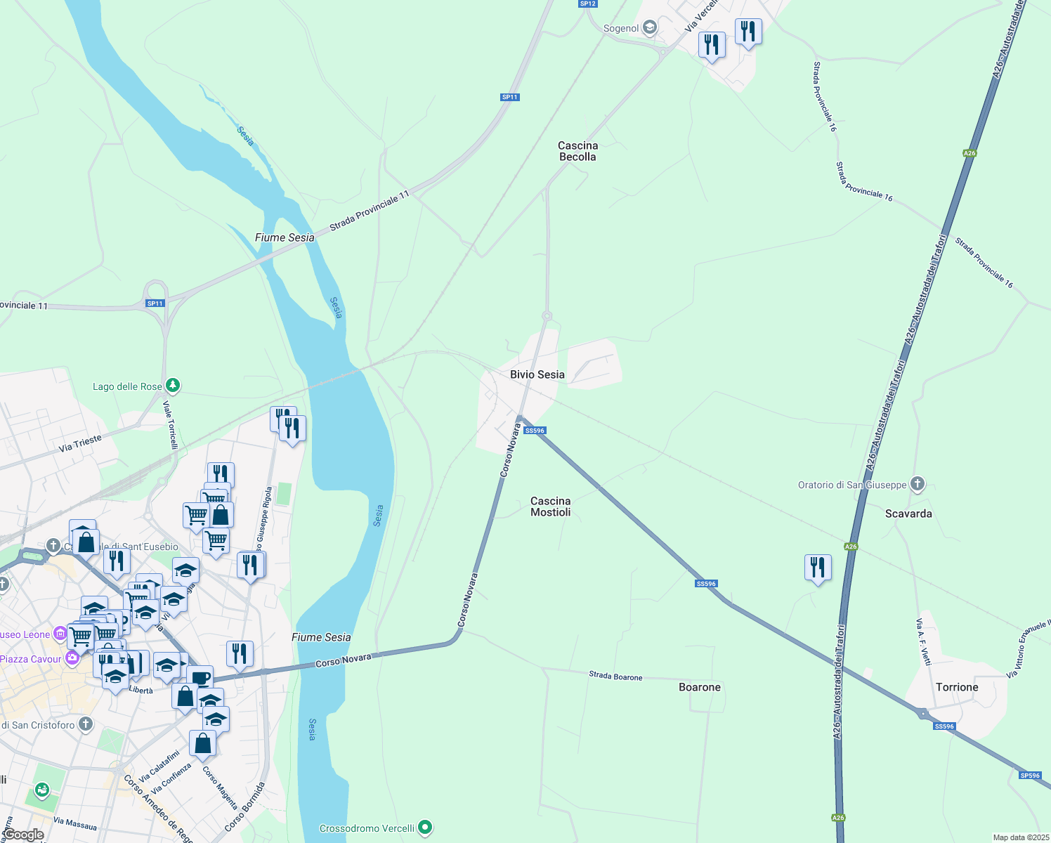 map of restaurants, bars, coffee shops, grocery stores, and more near 71 Corso Novara in Bivio Sesia