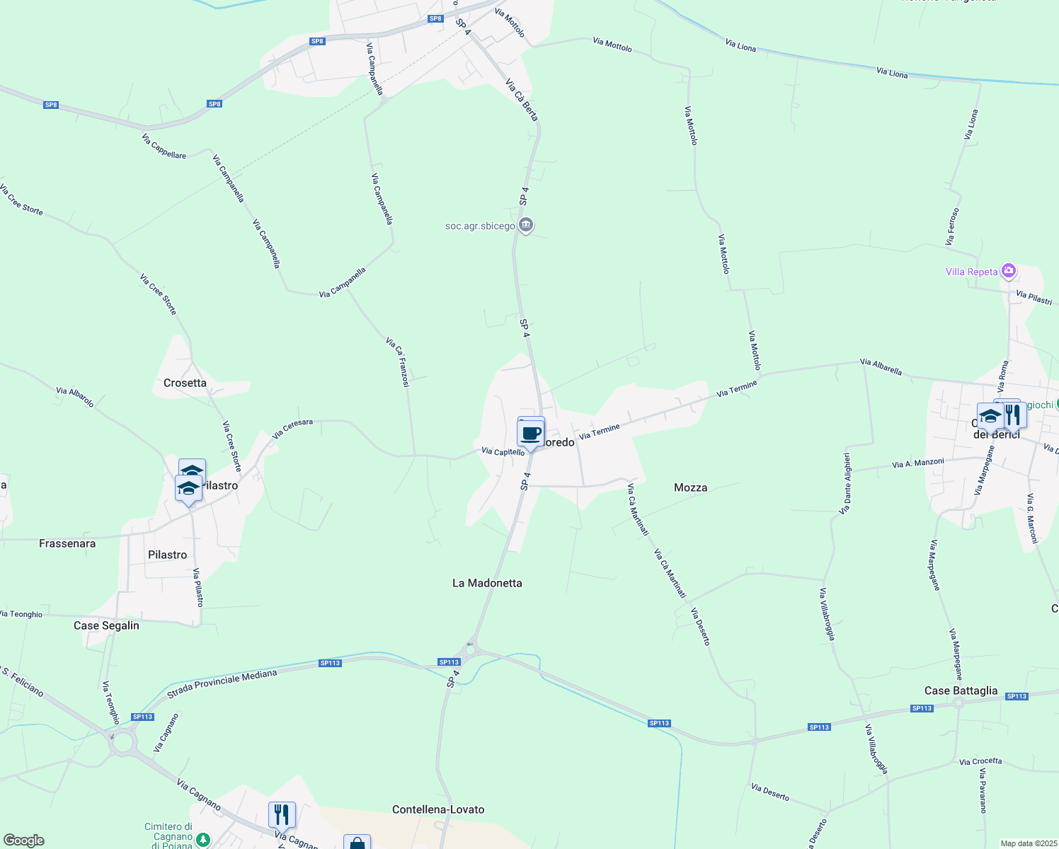 map of restaurants, bars, coffee shops, grocery stores, and more near 24 Via Colloredo in Colloredo