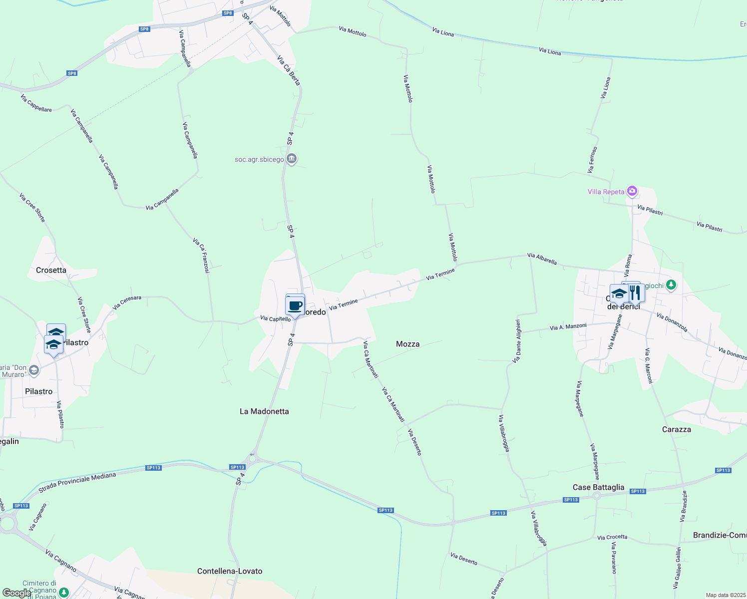 map of restaurants, bars, coffee shops, grocery stores, and more near 18 Via Termine in Provincia di Vicenza