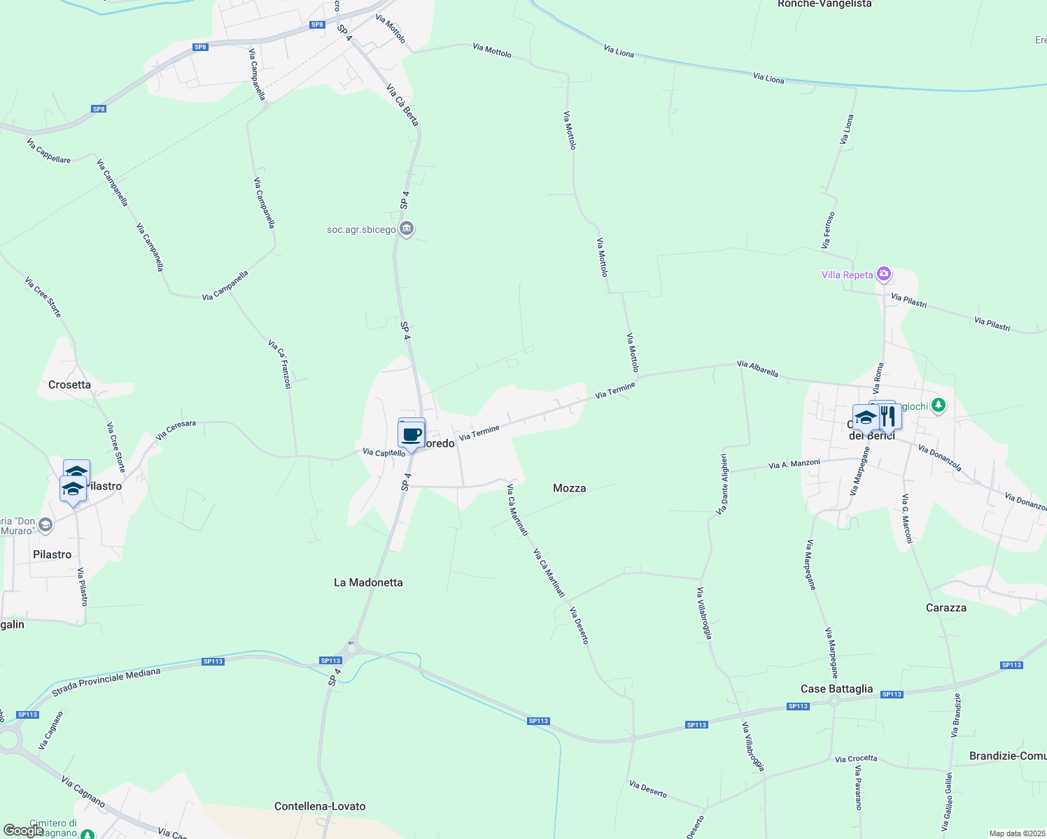 map of restaurants, bars, coffee shops, grocery stores, and more near 18 Via Termine in Provincia di Vicenza
