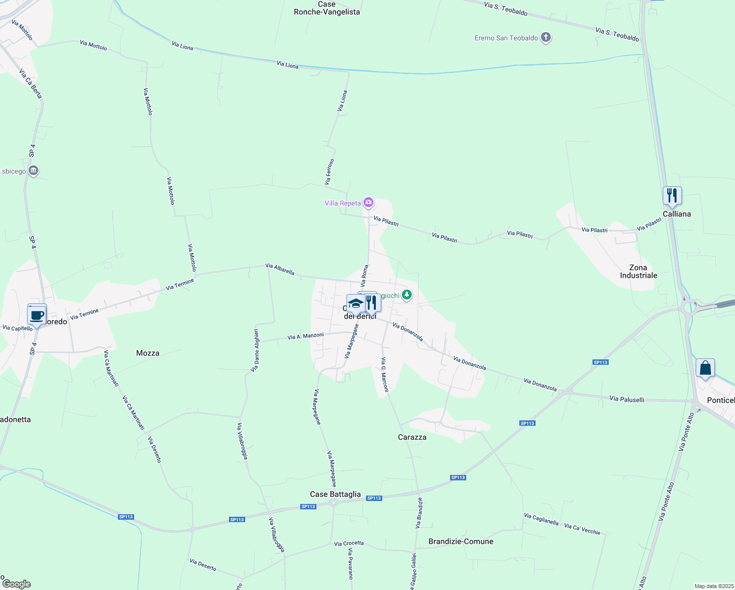 map of restaurants, bars, coffee shops, grocery stores, and more near 38 Via Roma in Campiglia dei Berici