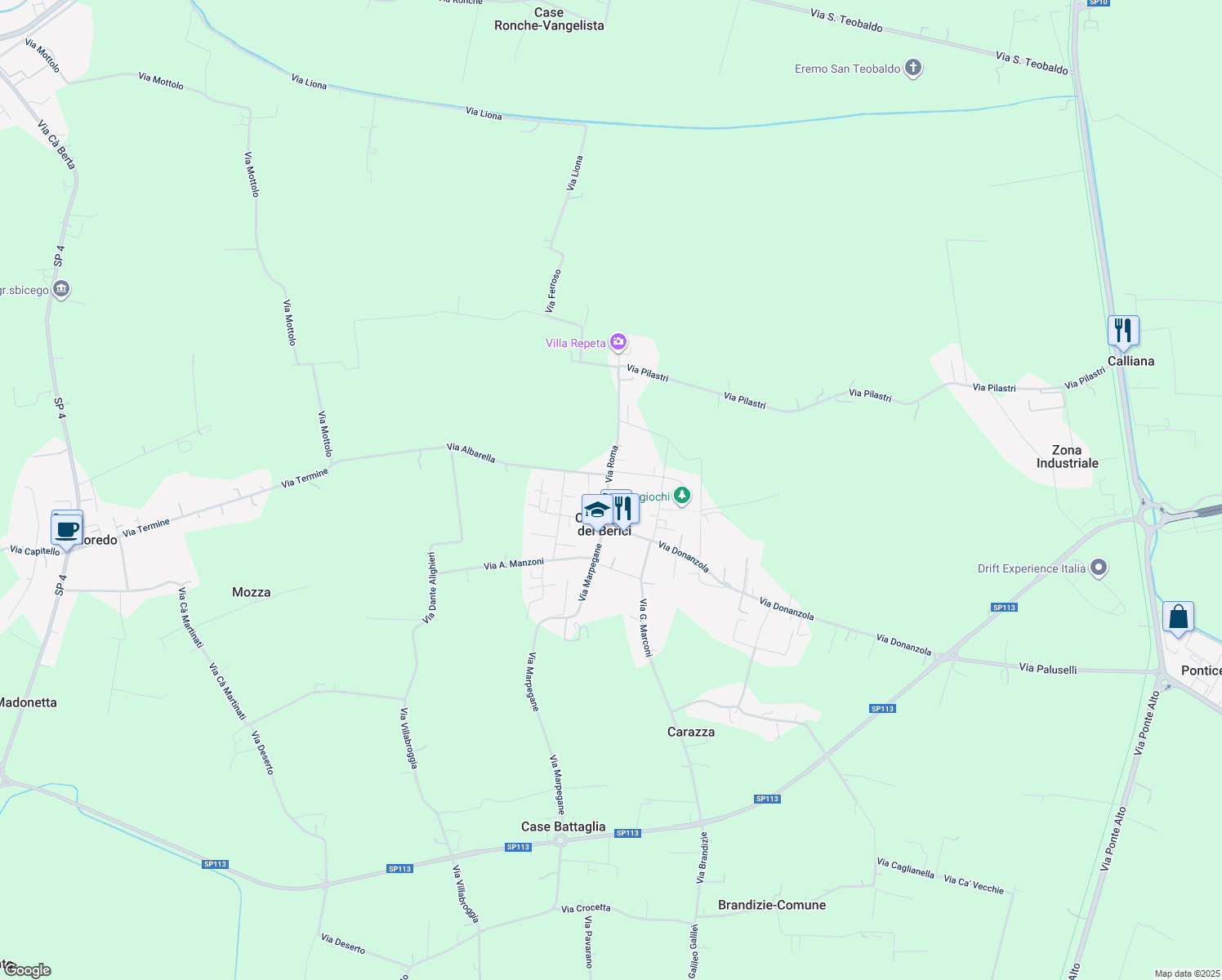 map of restaurants, bars, coffee shops, grocery stores, and more near 38 Via Roma in Campiglia dei Berici