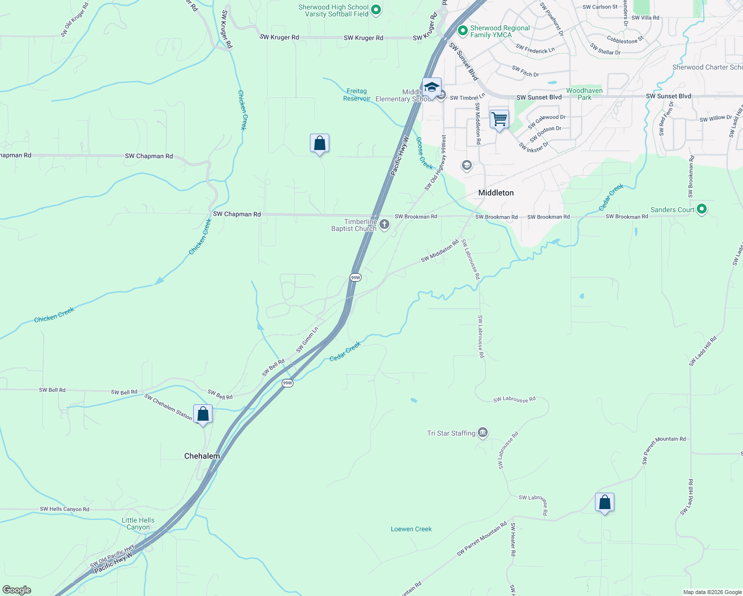 map of restaurants, bars, coffee shops, grocery stores, and more near 25128 Southwest Middleton Road in Sherwood